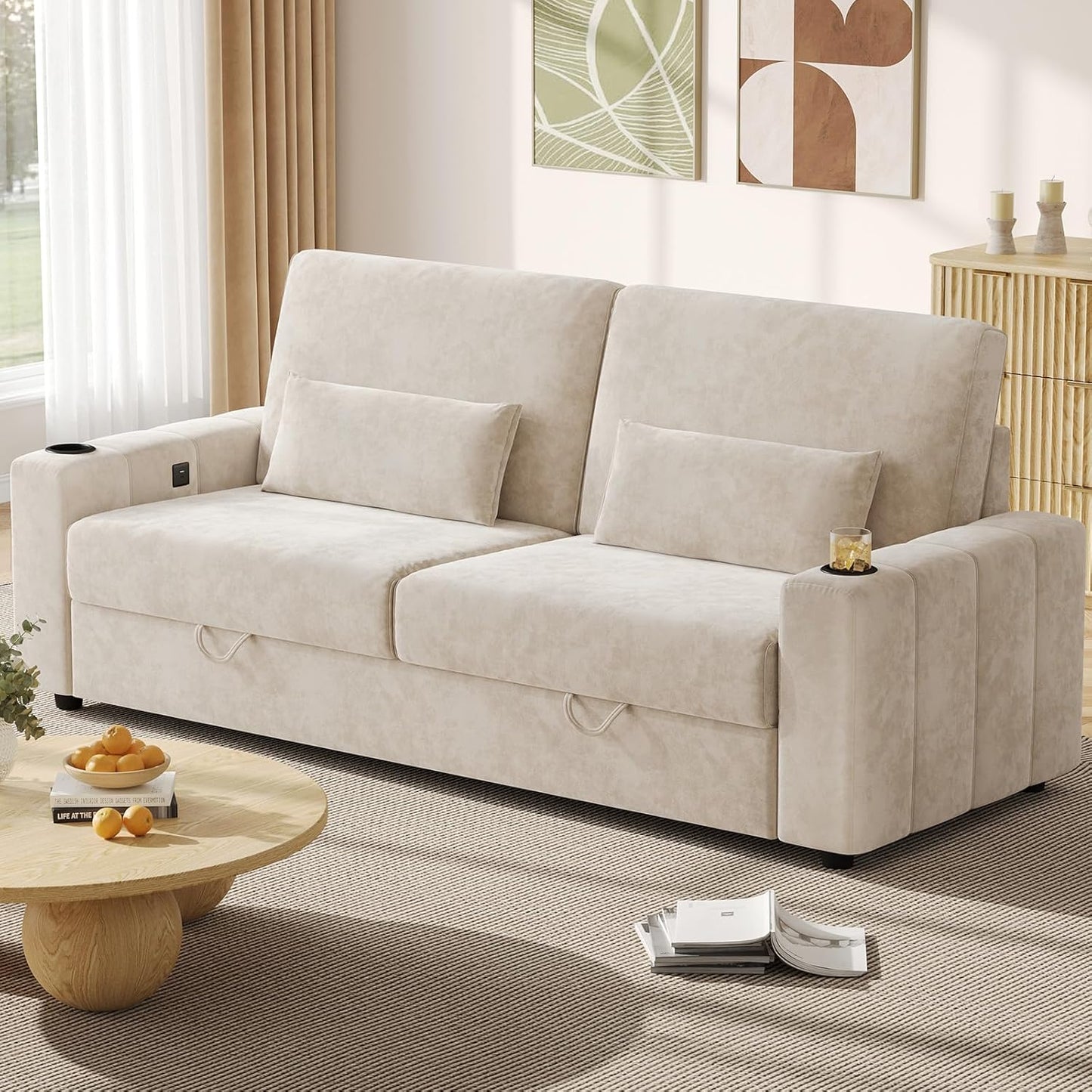 75 Inch Loveseat Sofa, Velvet Fabric Couch with Storage, Cup Holder, Charging Ports, Heightened Backrests, Removable Cover Modern Comfy Couches Easy Assembly for Small Spaces Apartment