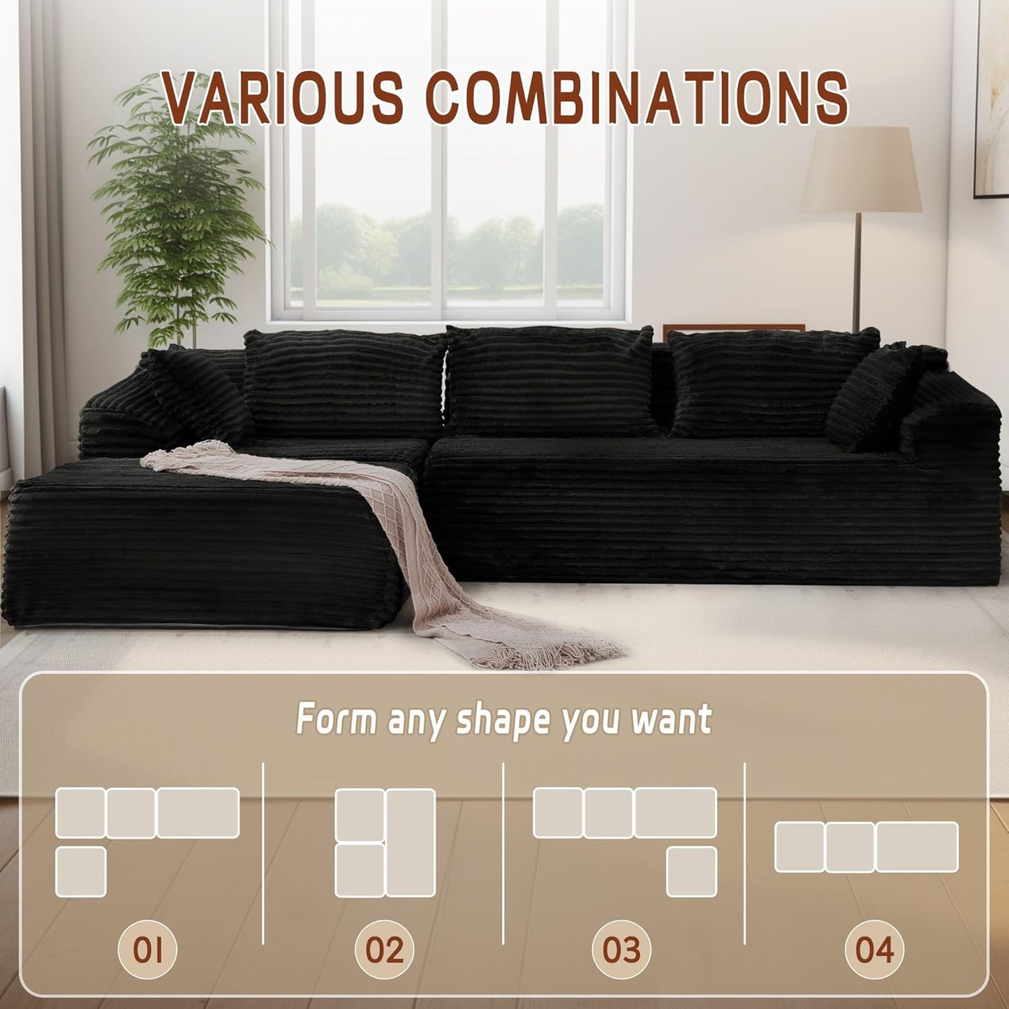 108" Sectional Couches for Living Room, Modular Sectional Sofa with L-Shape Chaise, Cloud Couch, Comfy Corduroy Fluffy Couch with Deep Seat and Side Pockets, No Assembly Required