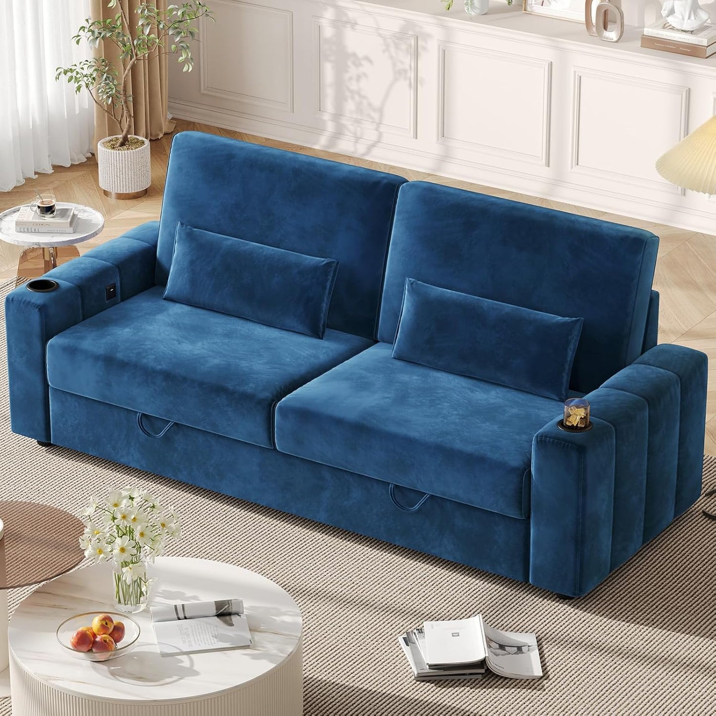 75 Inch Loveseat Sofa, Velvet Fabric Couch with Storage, Cup Holder, Charging Ports, Heightened Backrests, Removable Cover Modern Comfy Couches Easy Assembly for Small Spaces Apartment