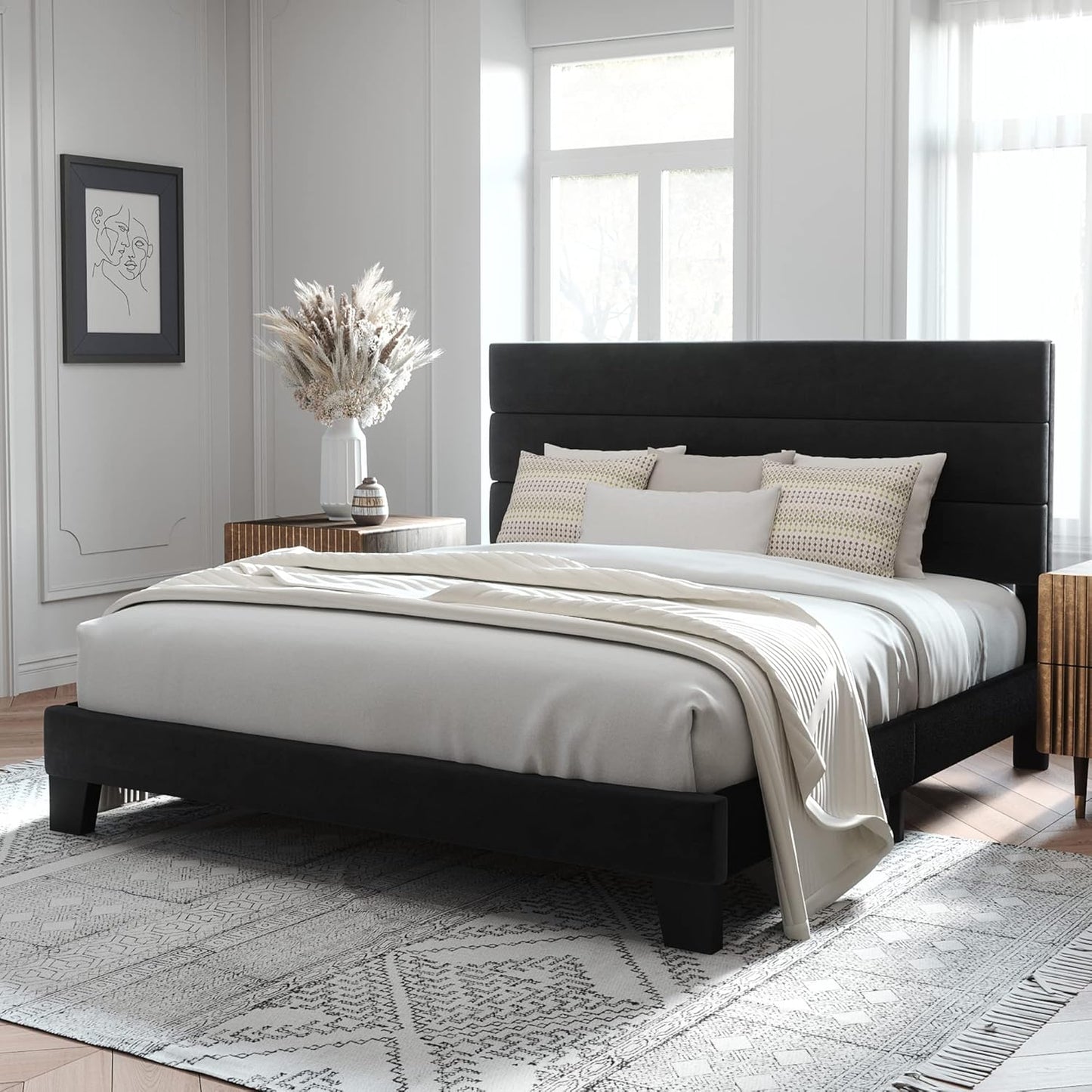 Allewie Queen Size Platform Bed Frame with Fabric Upholstered Headboard and Wooden Slats Support, Fully Upholstered Mattress Foundation/No Box Spring Needed/Easy Assembly, Dark Grey