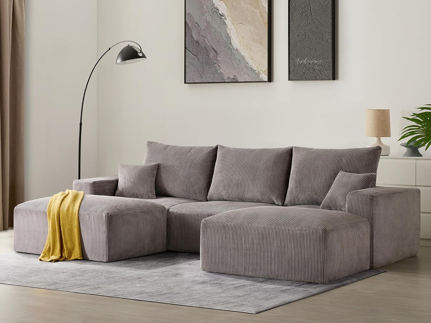Sectional Cloud Boneless Sofa Couches for Living Room-113'' Gray 3 Seater U-Shaped Modern Lounge Couch-No Assembly Modular Corduroy Convertible Sponge Sleeper Sofas with Chaise for Home House