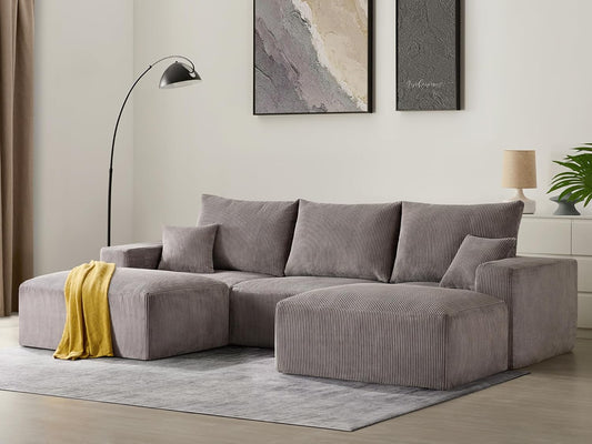 Sectional Cloud Boneless Sofa Couches for Living Room-113'' Gray 3 Seater U-Shaped Modern Lounge Couch-No Assembly Modular Corduroy Convertible Sponge Sleeper Sofas with Chaise for Home House