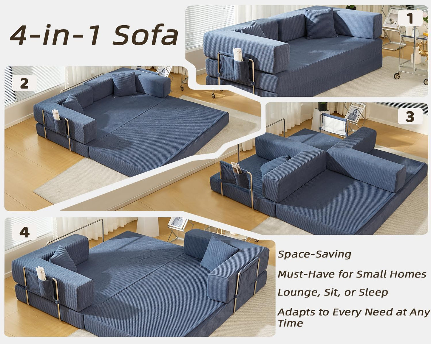 Folding Sofa Bed Convertable Corduroy Couch King Size Floor Sleeper 4-in-1 DIY Combination Modular Sofa Fold Out Futon Lounge Comfy Foldable Lazy cama for Living Room (Blue, 80.15")