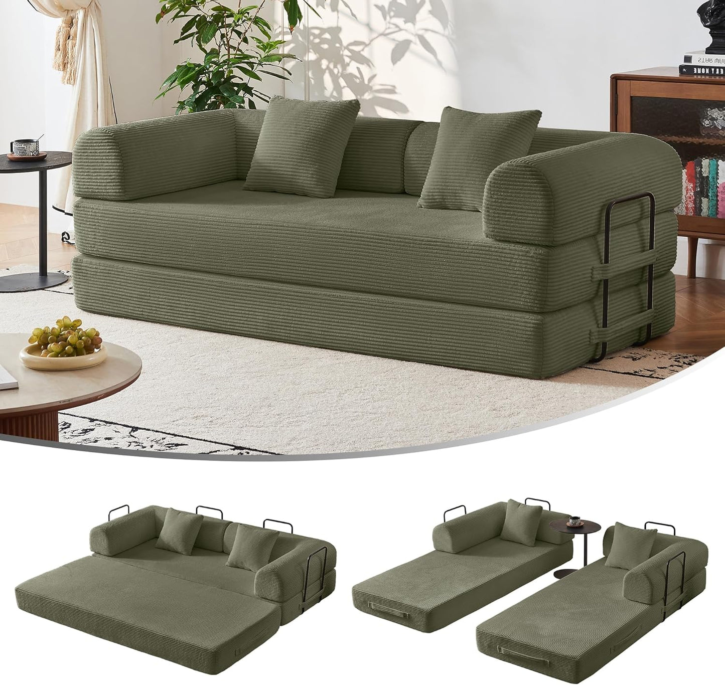 79" Modular Sofa Bed, Convertible Sleeper Sofa Bed, Couch Bed with Fixed-Shape Frame, Corduroy Floor Sofa Lounge Couch, Couches for Living Room with 2 Pillows, No Assembly Required, Black