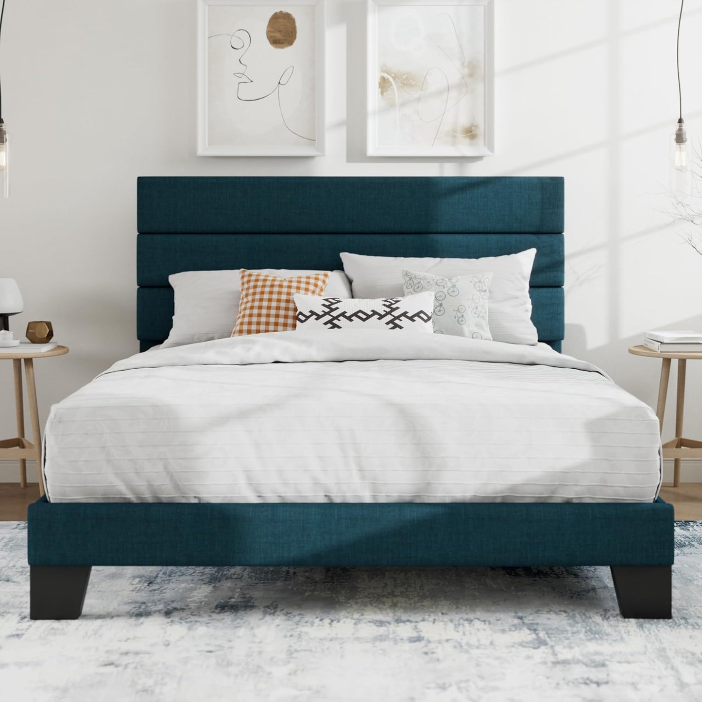 SHA CERLIN Full Platform Bed Frame with Upholstered Fabric Headboard, Mattress Foundation with Strong Wooden Slats Support, No Box Spring Needed, Blue