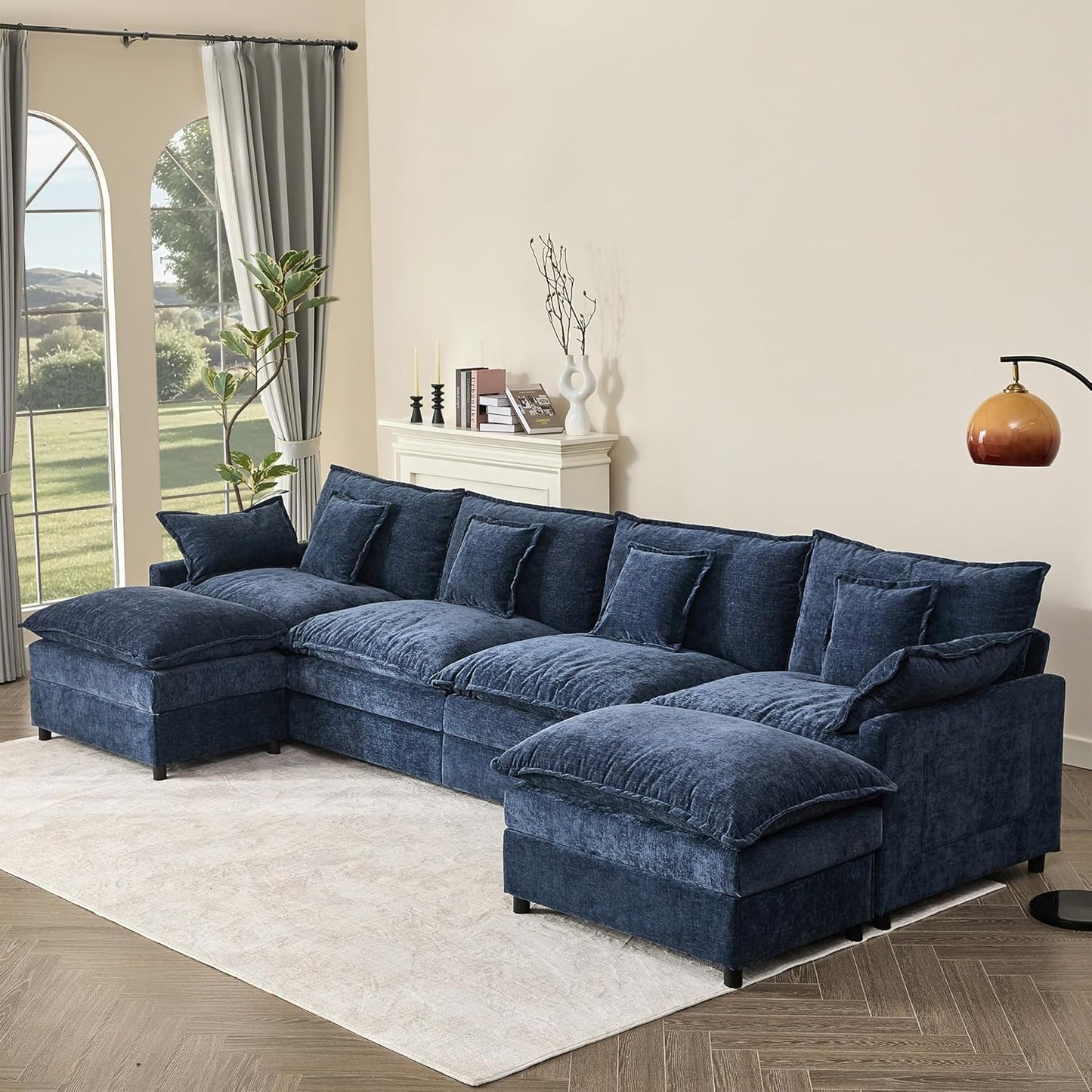 108" U Shaped Couch, Modular Sectional Sofa, 3-Seater Comfy Cloud Couch with Movable Ottoman, Deep Seat Couches for Living Room, Chenille, Flat White