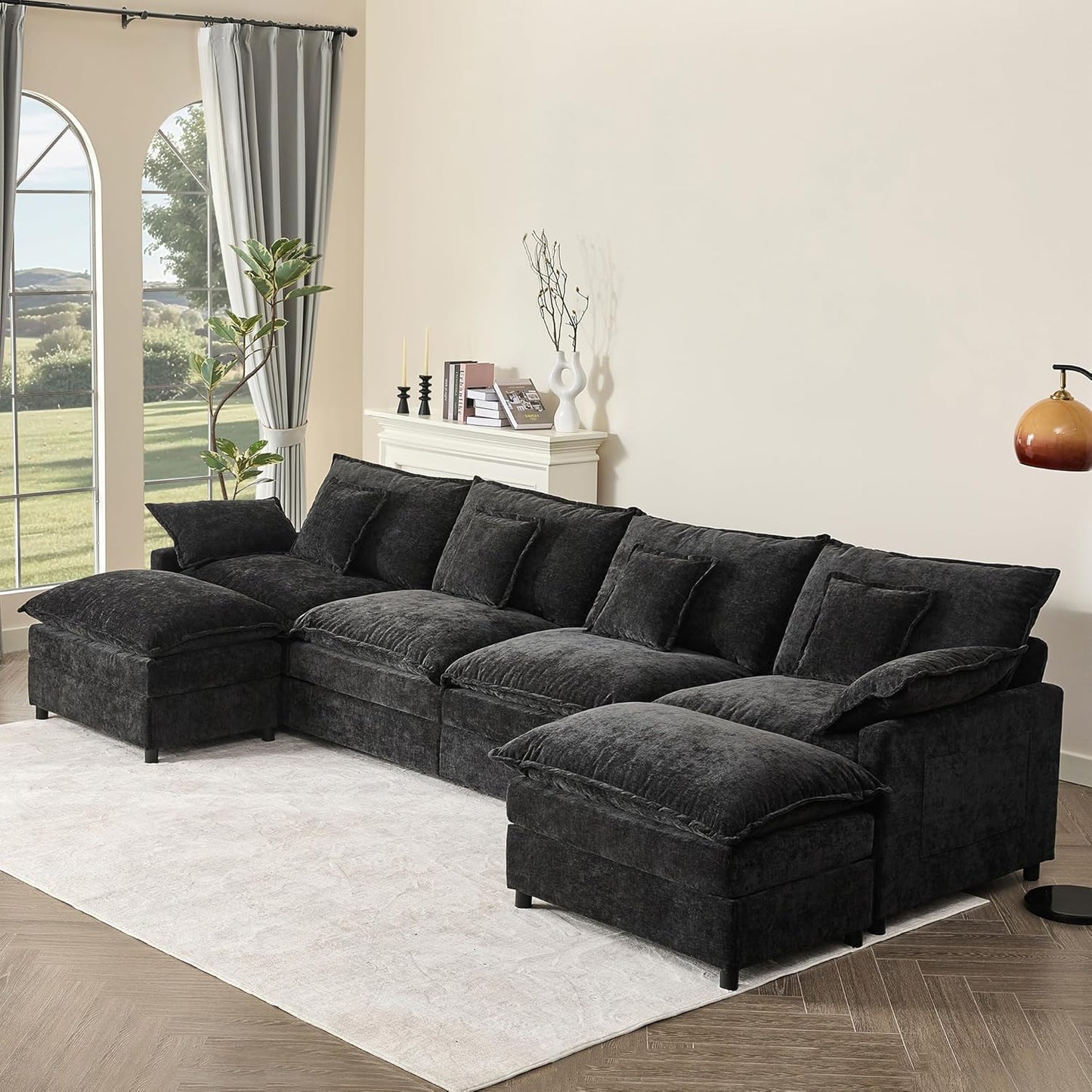 108" U Shaped Couch, Modular Sectional Sofa, 3-Seater Comfy Cloud Couch with Movable Ottoman, Deep Seat Couches for Living Room, Chenille, Flat White