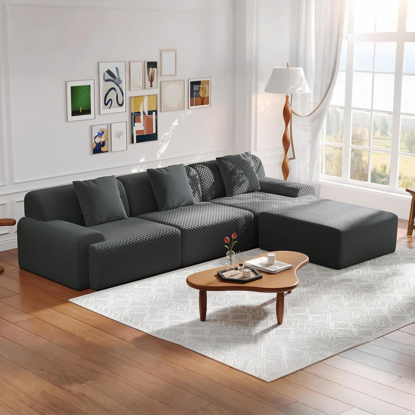 113" Modular Sectional Sofa Upholstered 3-Seater Sofa with Movable Ottoman, Oversized 4-Seater Couch with 3 Throw Pillows High-Density Foam No Assembly Free Combinations (Green)