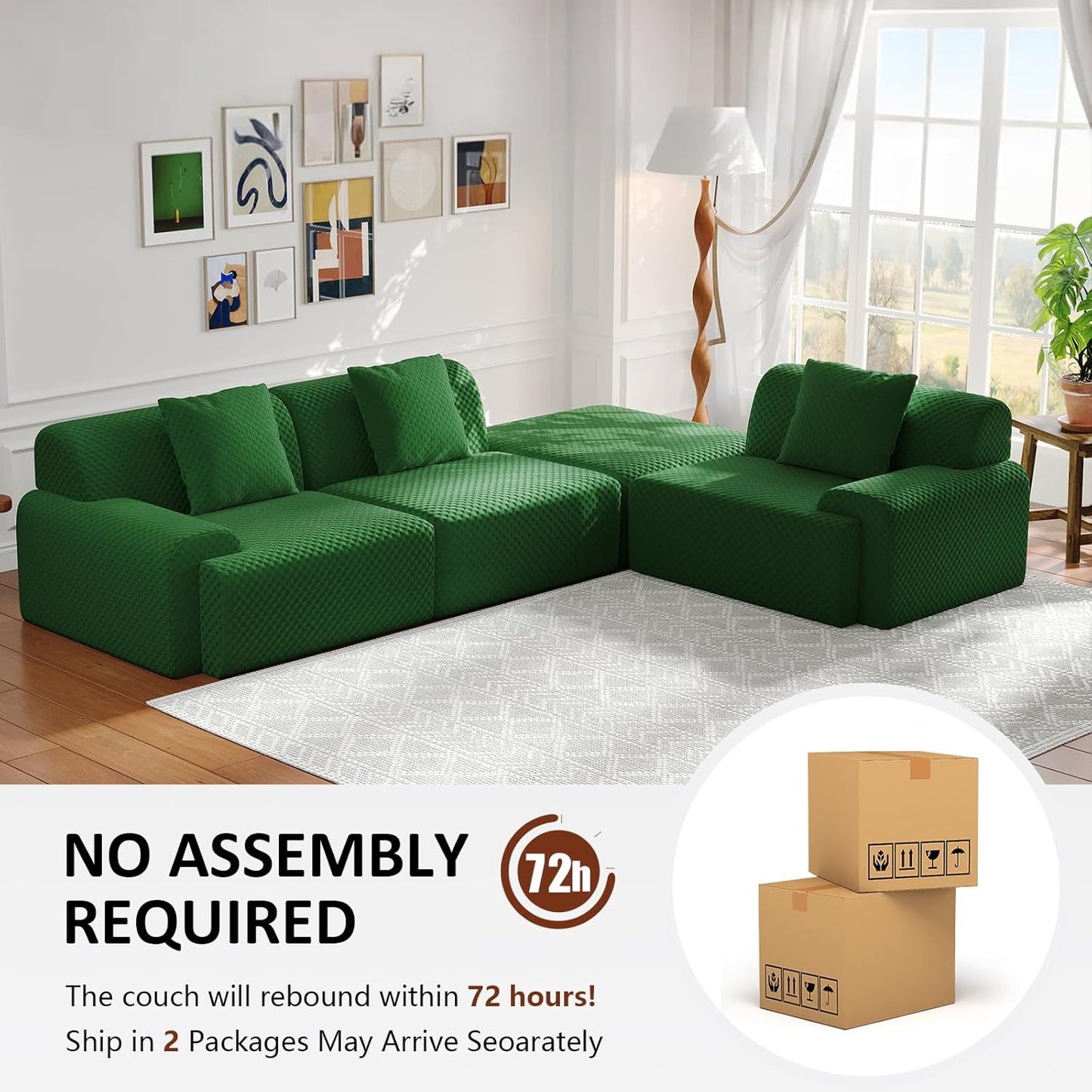 113" Modular Sectional Sofa Upholstered 3-Seater Sofa with Movable Ottoman, Oversized 4-Seater Couch with 3 Throw Pillows High-Density Foam No Assembly Free Combinations (Green)