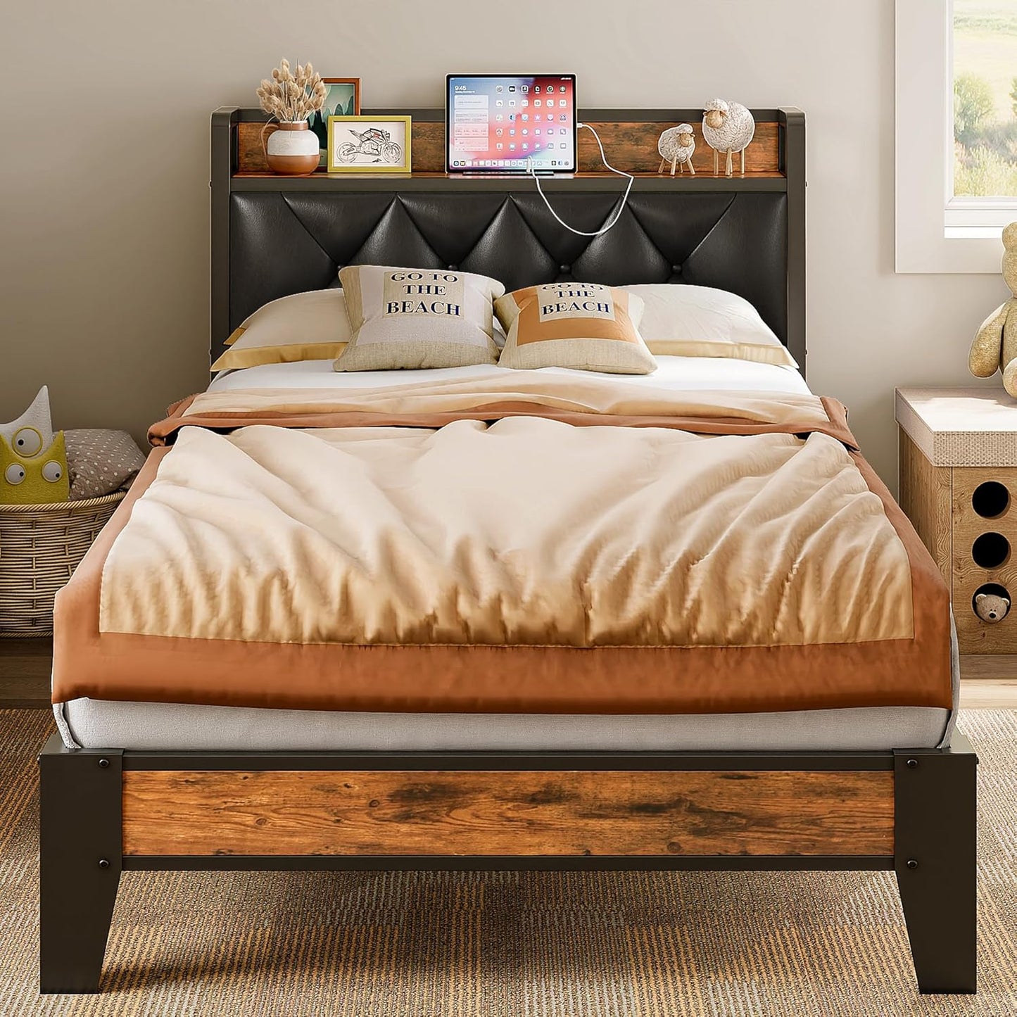 ANCTOR Twin Bed Frames, Storage Headboard with Outlets, Easy to Install, Sturdy and Stable, No Noise, No Box Springs Needed - Perfect for a Good Night's Sleep