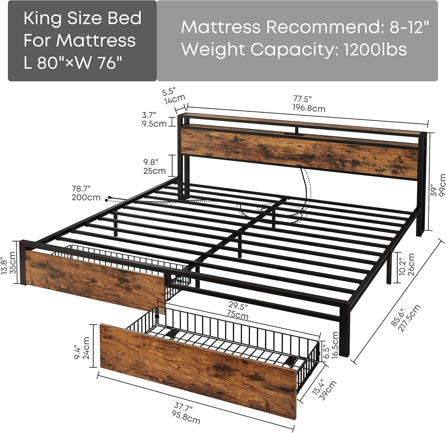 LIKIMIO King Bed Frame with Storage Headboard, Platform Bed with Drawers and Charging Station, No Box Spring Needed, Easy Assembly, Vintage Brown