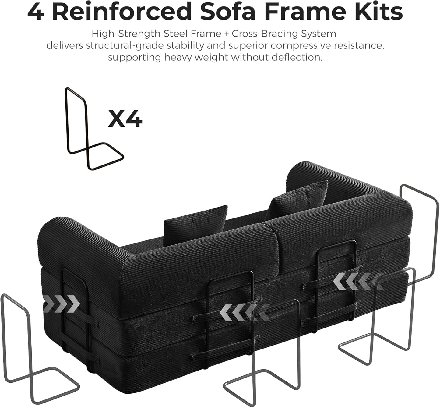 79" Modular Sofa Bed, Convertible Sleeper Sofa Bed, Couch Bed with Fixed-Shape Frame, Corduroy Floor Sofa Lounge Couch, Couches for Living Room with 2 Pillows, No Assembly Required, Black