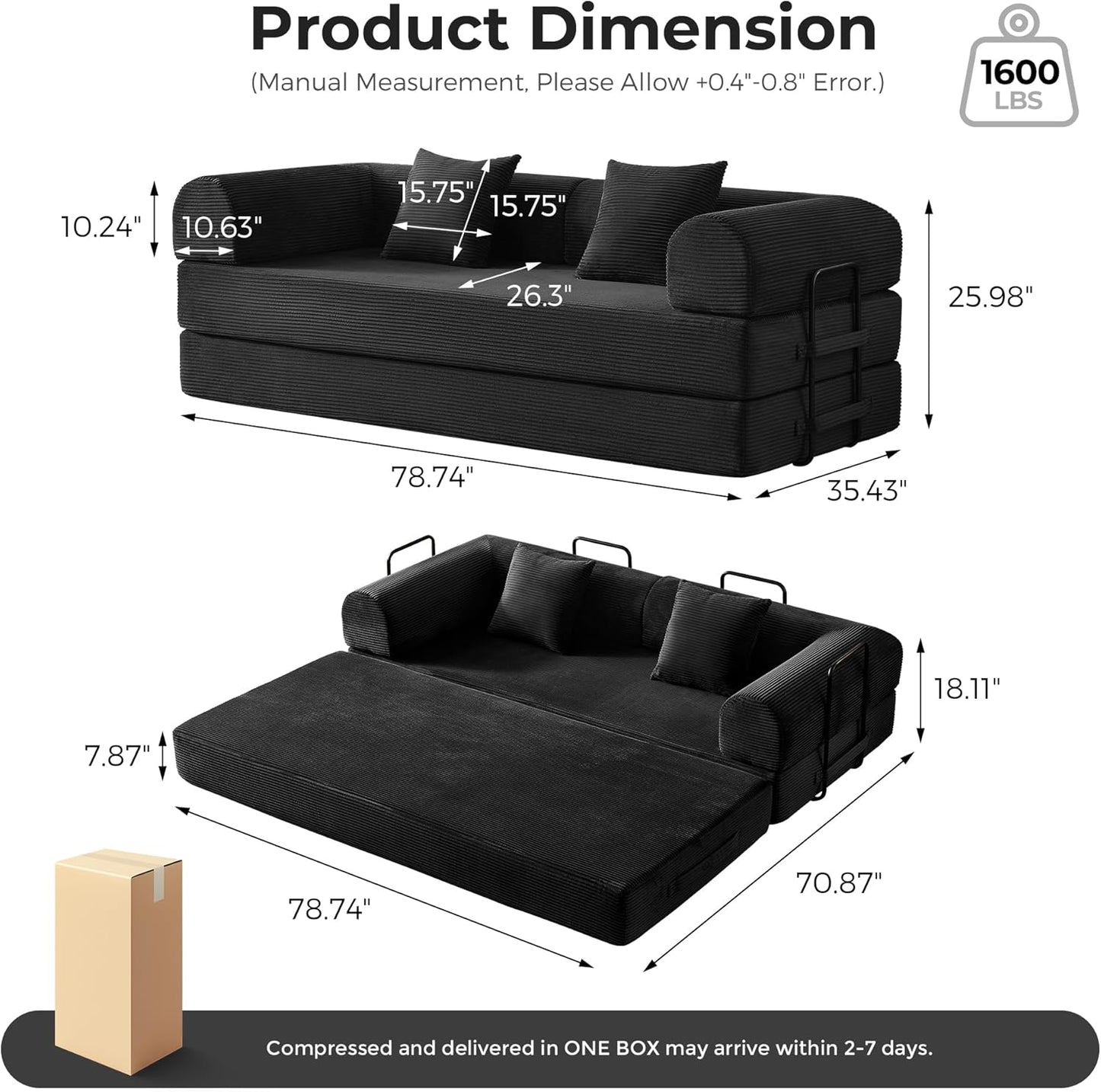 79" Modular Sofa Bed, Convertible Sleeper Sofa Bed, Couch Bed with Fixed-Shape Frame, Corduroy Floor Sofa Lounge Couch, Couches for Living Room with 2 Pillows, No Assembly Required, Black