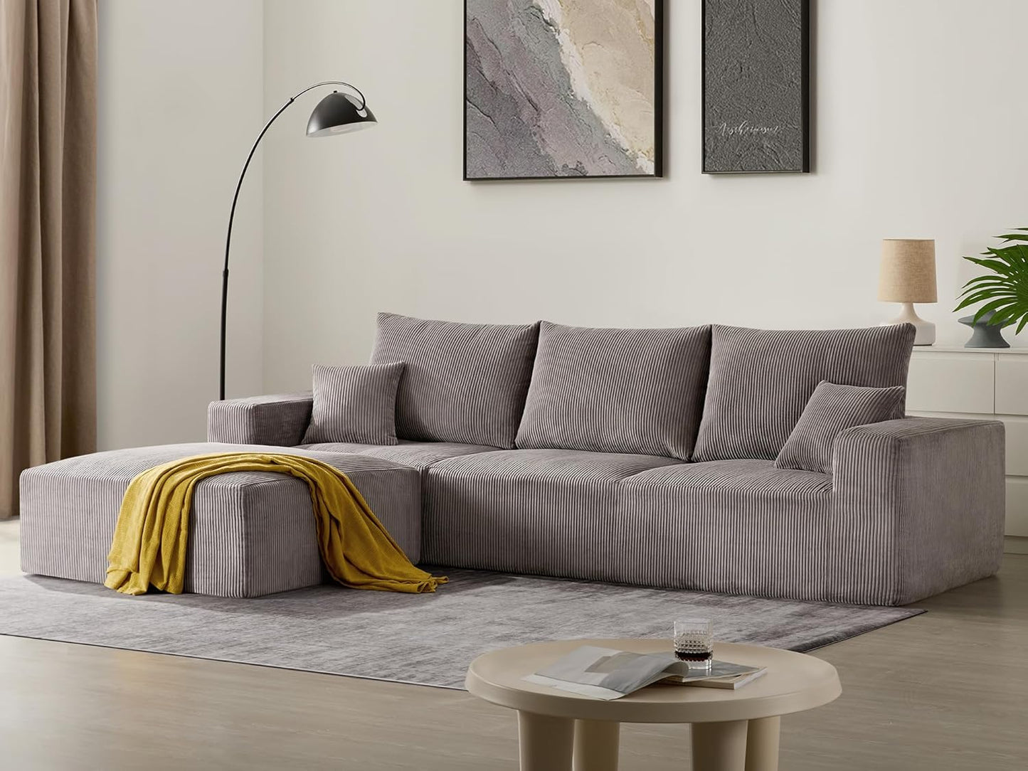 Sectional Cloud Boneless Sofa Couches for Living Room-113'' Gray 3 Seater U-Shaped Modern Lounge Couch-No Assembly Modular Corduroy Convertible Sponge Sleeper Sofas with Chaise for Home House