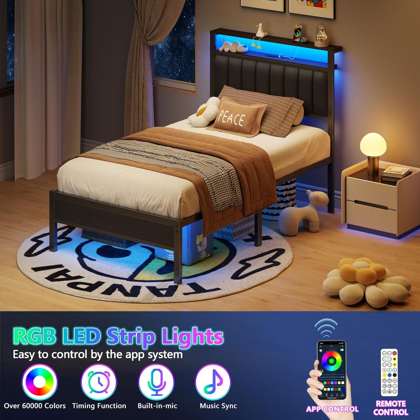 Furnulem Twin Size Bed Frame with Charging Station and LED Lights, Platform Bed with Metal Slats, Grey Upholstered Headboard with 2-Tier Storage Shelves, No Box Spring Needed