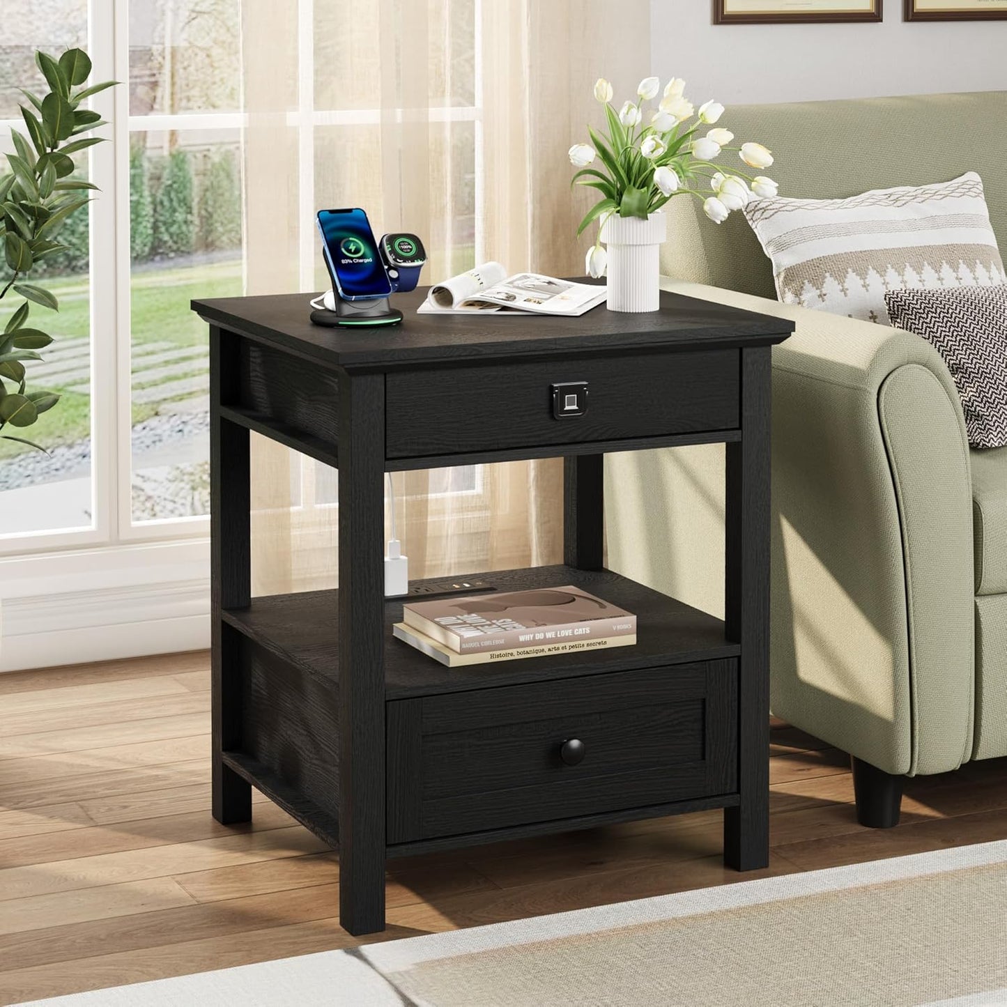 Rresyet End Table with Fingerprint Lock, Side Table with Extendable Top & Built-in Power Outlets & Drawer, Wooden Storage Nightstand for Home & Office (Black)