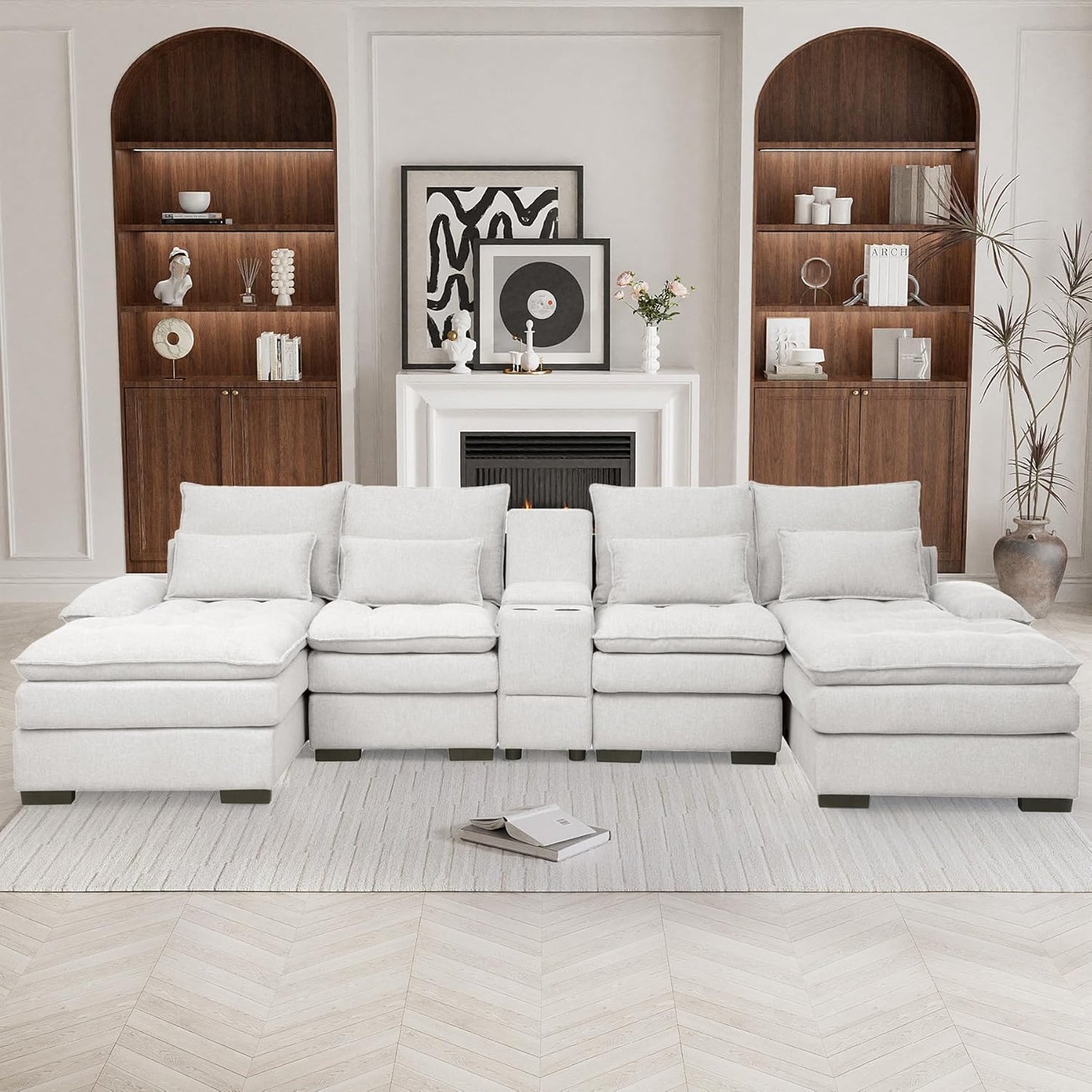 OUYESSIR 130" U Shaped Sectional Cloud Couches with Storage Console, Oversized Modular Sectional Sofa with Tufted Buttons & Chaise Lounge, Comfy Linen 6 Seat Sofa for Living Room, Beige White