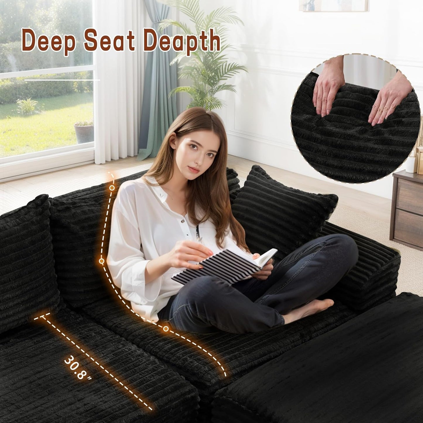 108" Sectional Couches for Living Room, Modular Sectional Sofa with L-Shape Chaise, Cloud Couch, Comfy Corduroy Fluffy Couch with Deep Seat and Side Pockets, No Assembly Required