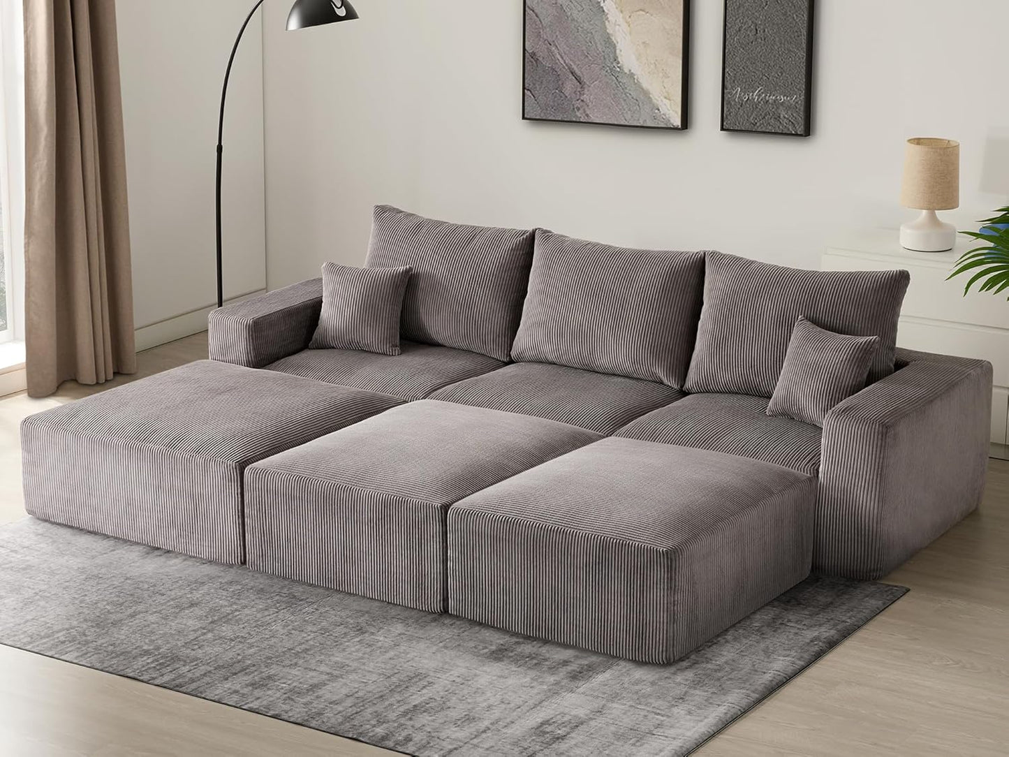 Sectional Cloud Boneless Sofa Couches for Living Room-113'' Gray 3 Seater U-Shaped Modern Lounge Couch-No Assembly Modular Corduroy Convertible Sponge Sleeper Sofas with Chaise for Home House