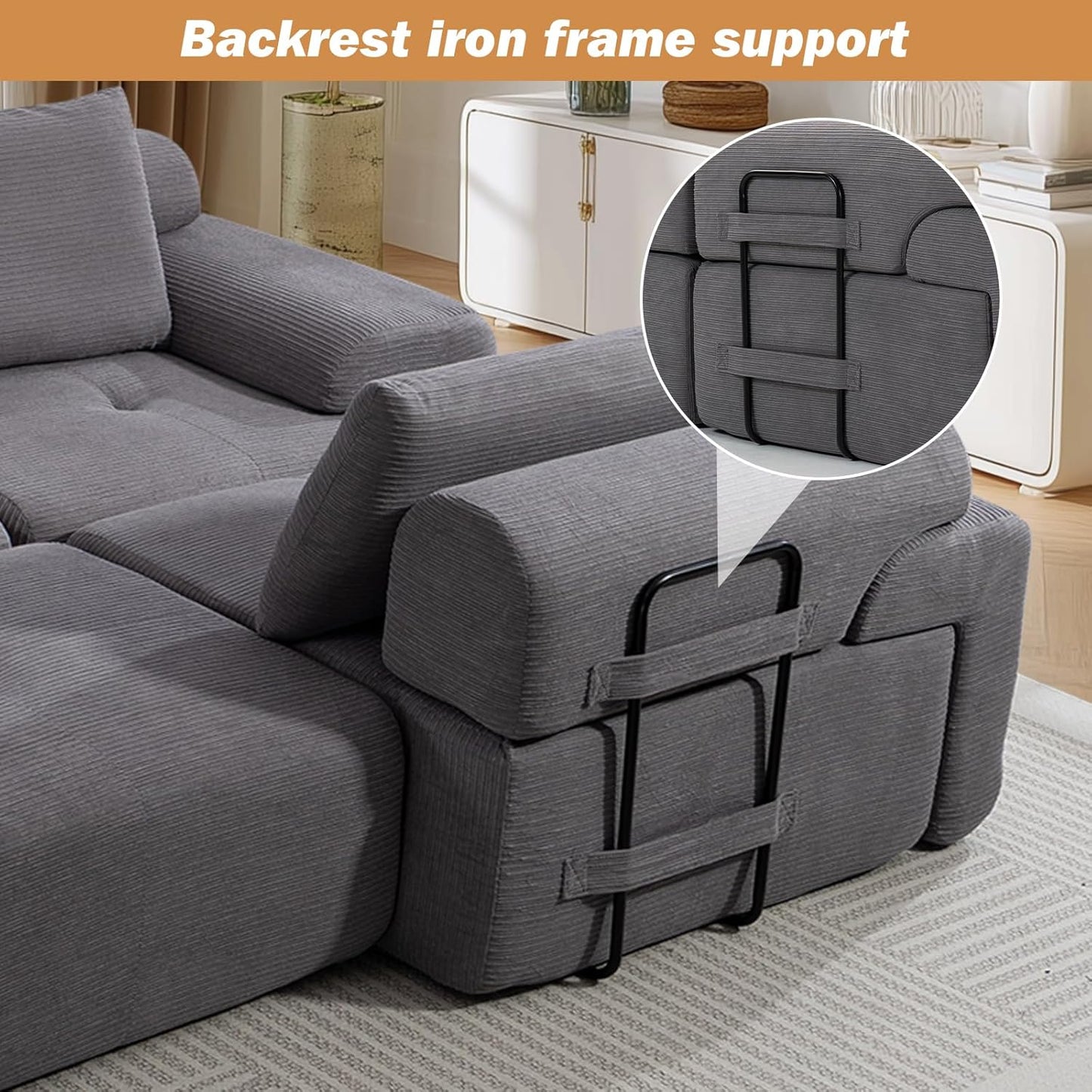 L-Shaped Sectional Sofa Bed with Memory Foam, No-Assembly Convertible Loveseat Couch, Corduroy Fabric Modular Sofa with Steel Frame for Living Room, Apartment, Bedroom, Small Spaces (Grey)