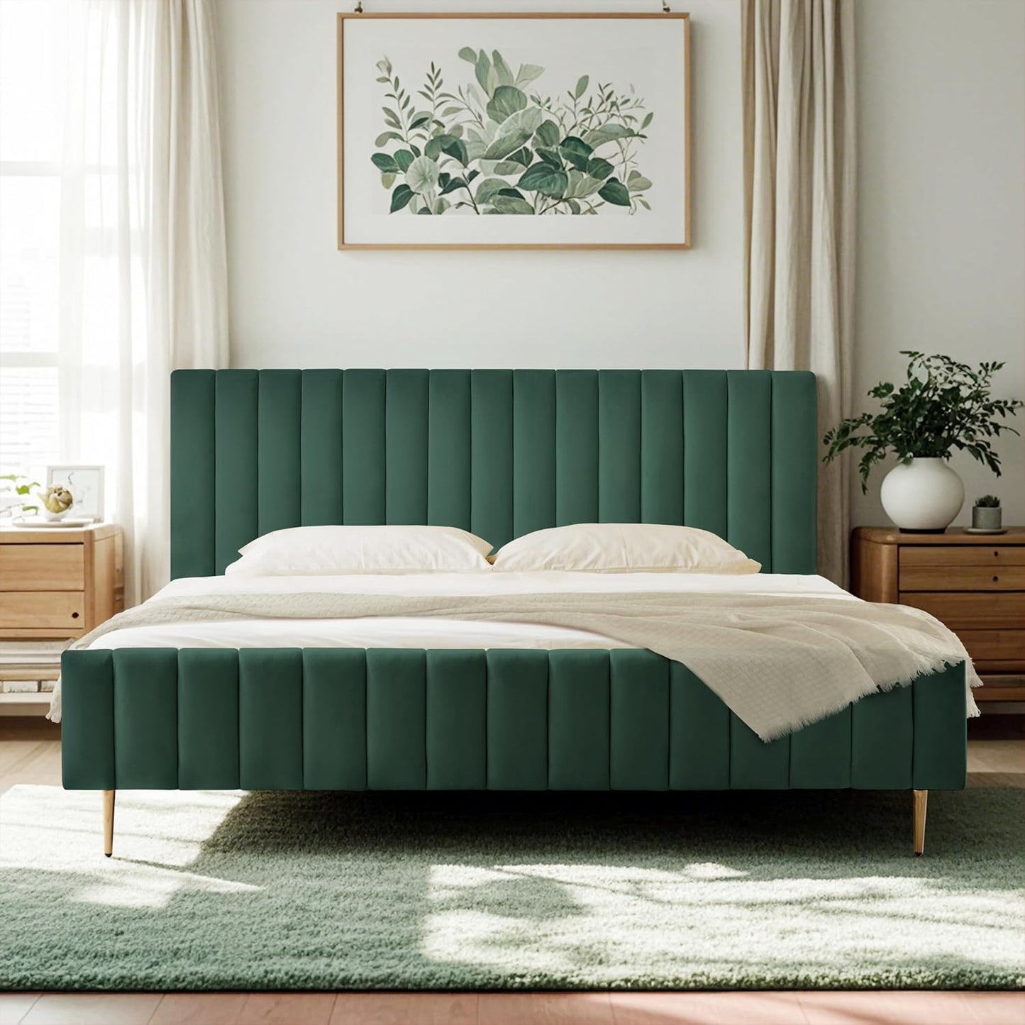 Livinia Queen Size Elton Velvet Platform Bed, Upholstered Bed Frame with Vertical Channel Tufted Headboard Footboard, Strong Wood Slats, No Box Spring Needed, Green (Queen)