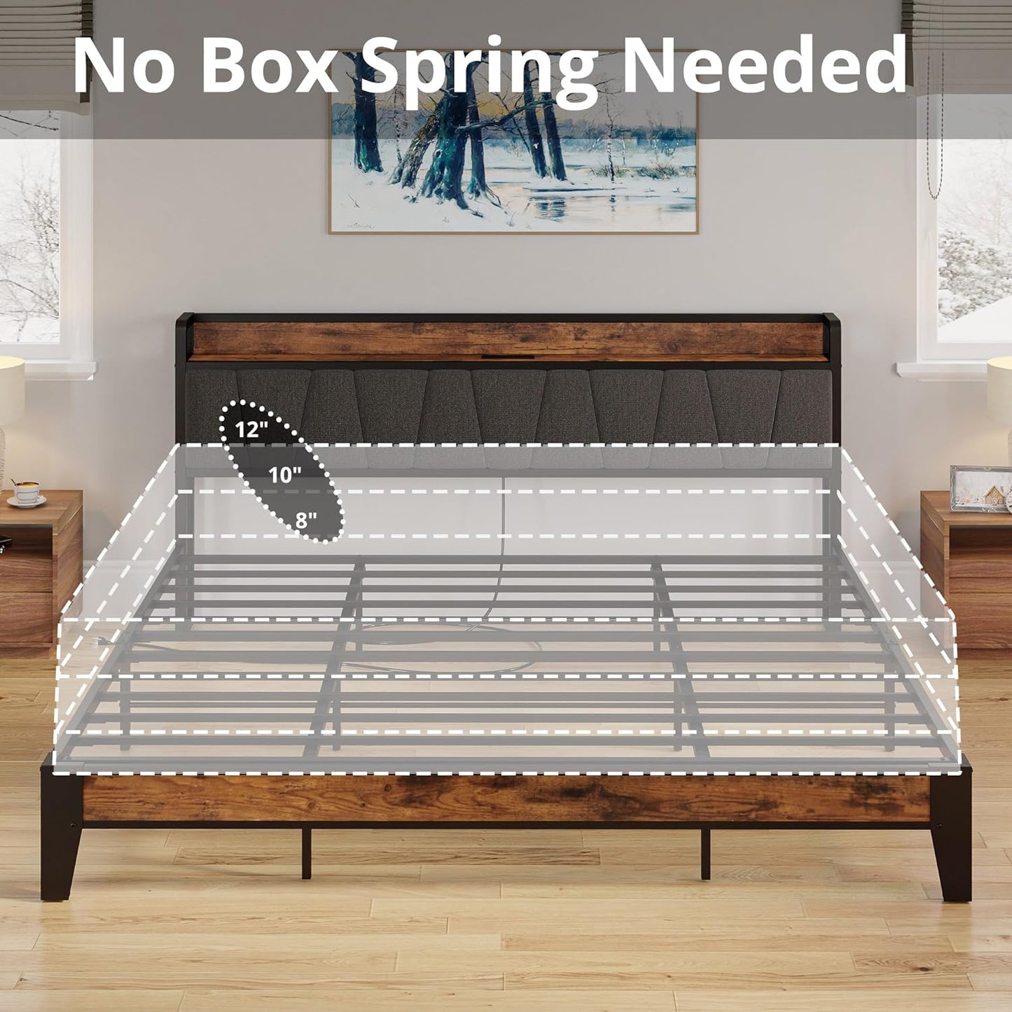 LIKIMIO California King Bed Frames, Storage Headboard with Charging Station, Solid and Stable, Noise Free, No Box Spring Needed, Easy Assembly
