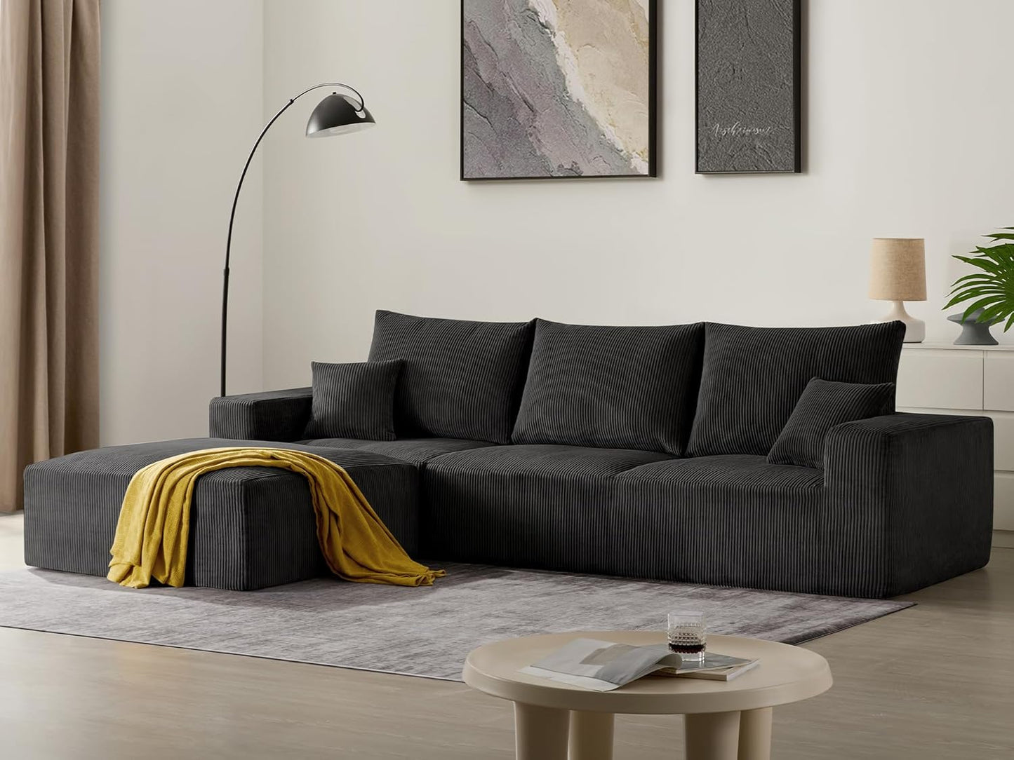 Sectional Cloud Boneless Sofa Couches for Living Room-113'' Gray 3 Seater U-Shaped Modern Lounge Couch-No Assembly Modular Corduroy Convertible Sponge Sleeper Sofas with Chaise for Home House