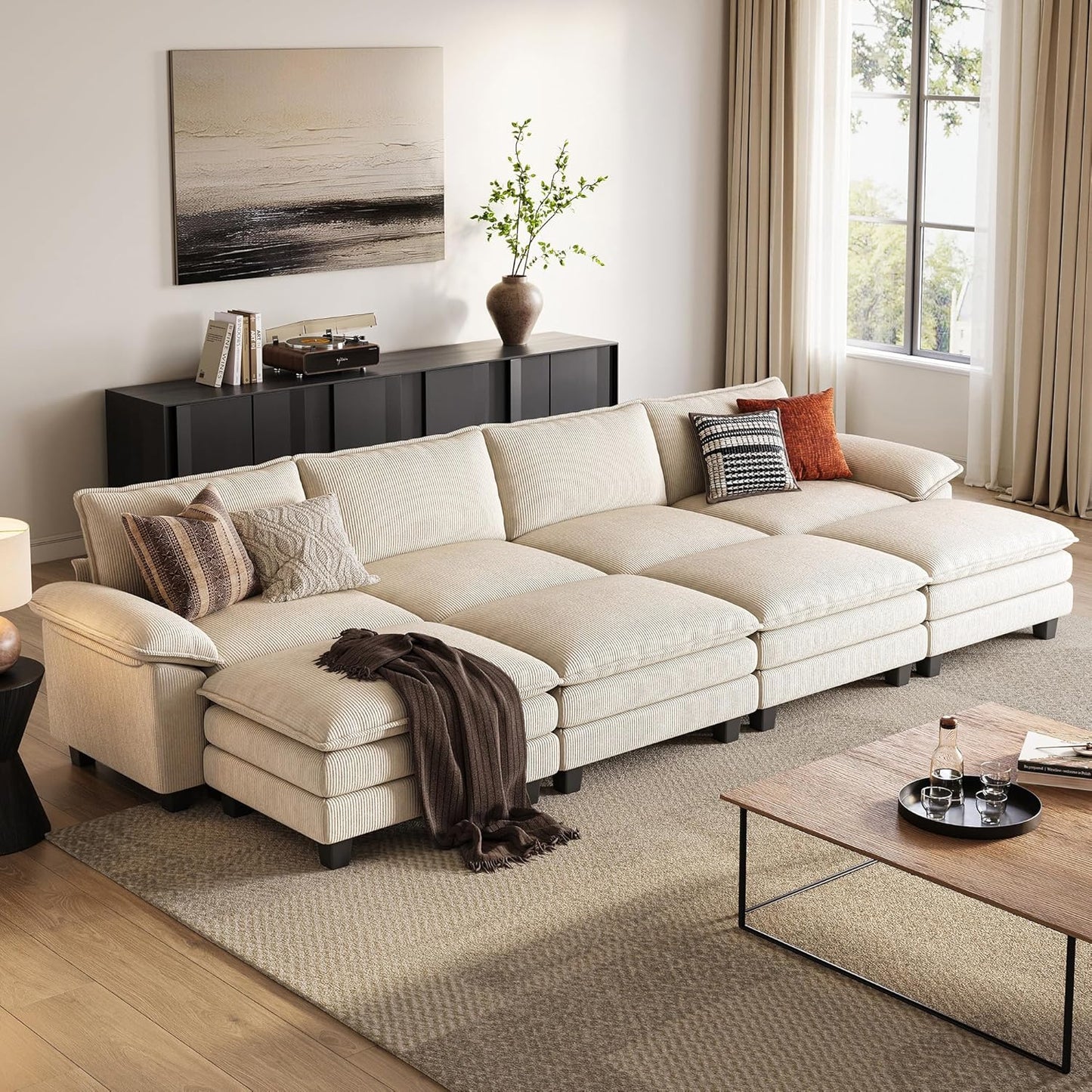 LINSY HOME Modular Sectional Sofa - 123'' Oversized Corduroy Cloud Couch L Shaped Couch with Movable Ottoman Soft Modern Comfy Sofa for Living Room Apartment Office, Green