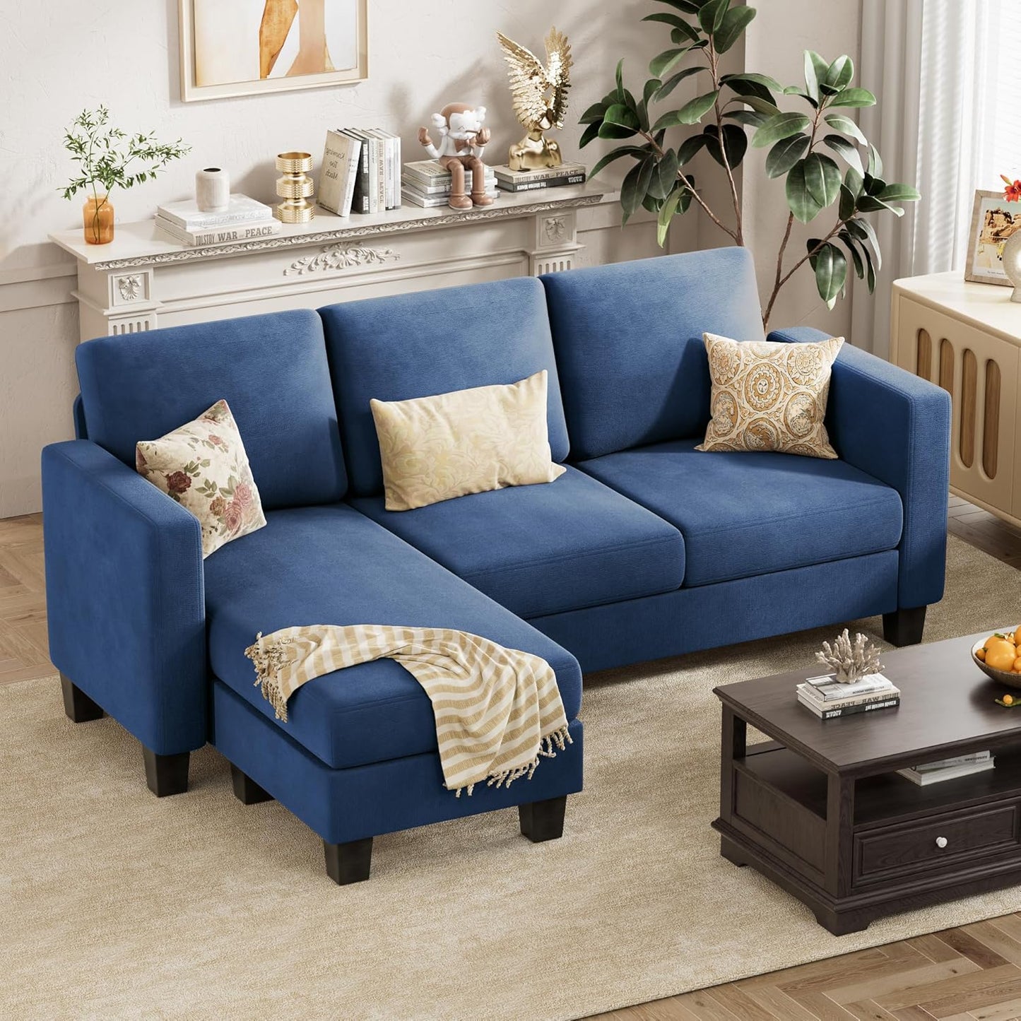 VICTONE Convertible Sectional Sofa Couch, 3 Seat L-Shaped Sofa with Linen Fabric Ottoman Small Couch for Small Apartments, Living Room and Office (Linen Fabric, Dark Gray)