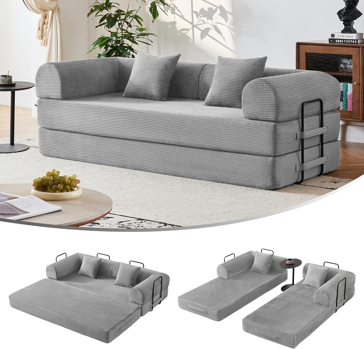 79" Modular Sofa Bed, Convertible Sleeper Sofa Bed, Couch Bed with Fixed-Shape Frame, Corduroy Floor Sofa Lounge Couch, Couches for Living Room with 2 Pillows, No Assembly Required, Black