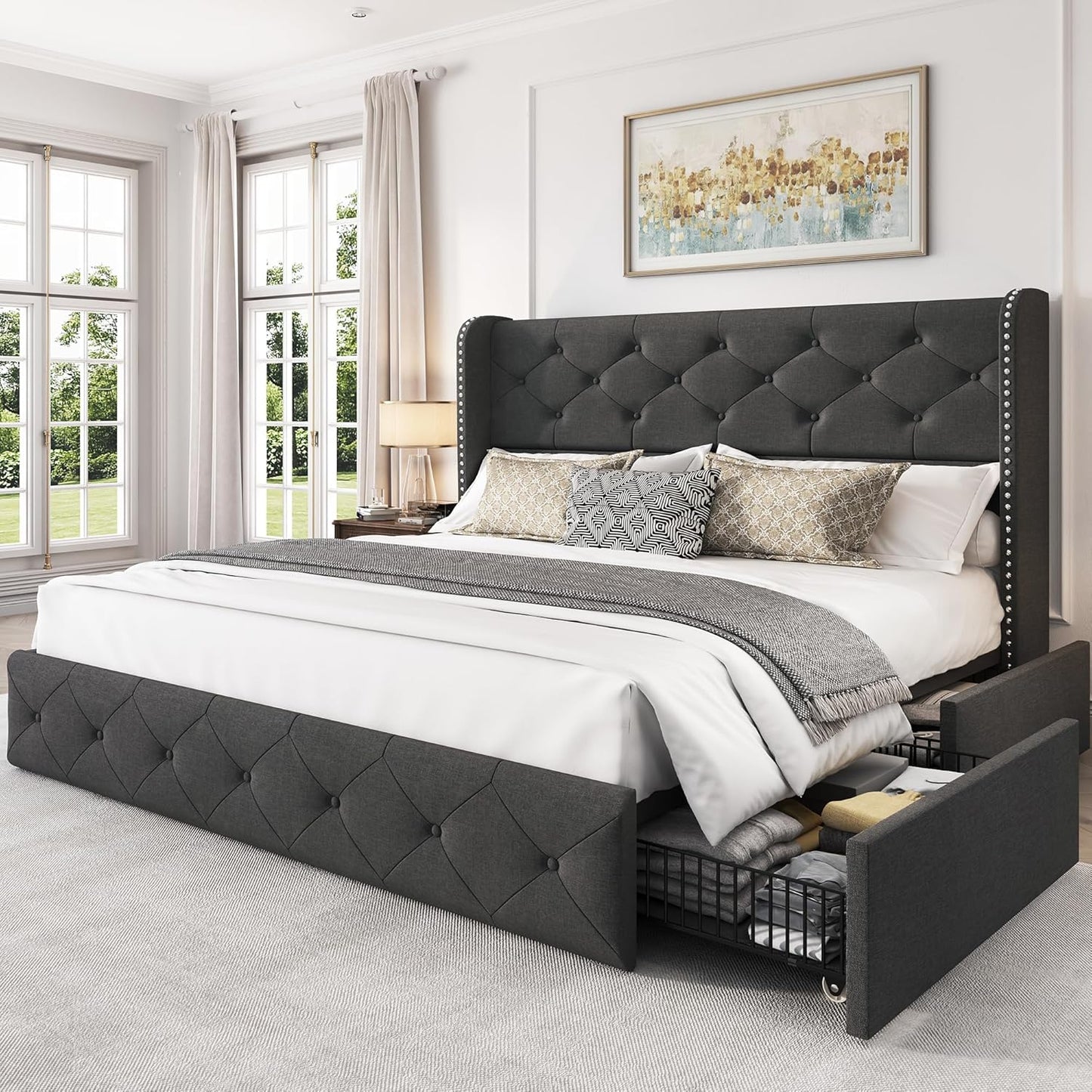 Queen Size Bed Frame with 4 Storage Drawers and Tufted Headboard Linen Upholstered Platform Bed Frame Wingback Beds with Wooden Slats Support, Easy Assembly, Beige