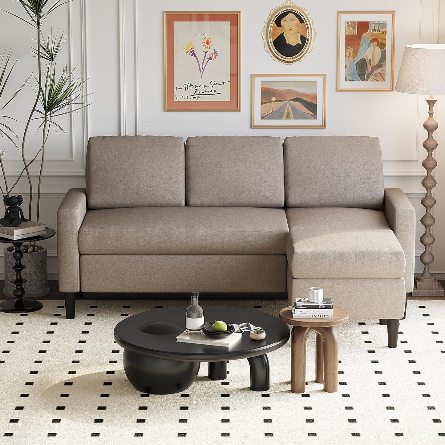 Shintenchi Small Sectional Couch Sofas, 3 Seat L Shape Sofa with Ottoman, Fabric Upholstered Convertible Sofa Couches, Small Couch for Apartments, Living Room and Office (Black)