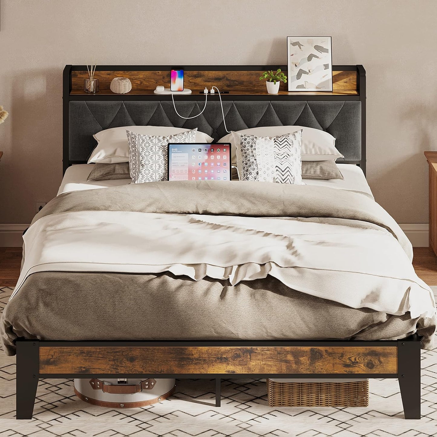 ANCTOR Twin Bed Frames, Storage Headboard with Outlets, Easy to Install, Sturdy and Stable, No Noise, No Box Springs Needed - Perfect for a Good Night's Sleep