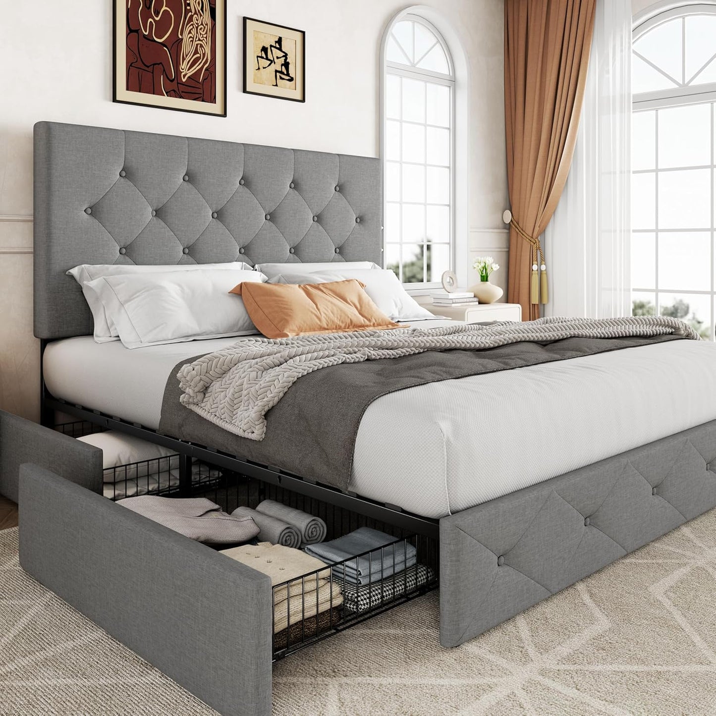 Allewie Upholstered Queen Size Platform Bed Frame with 4 Storage Drawers and Headboard, Square Stitched Button Tufted, Mattress Foundation with Wooden Slats Support, No Box Spring Needed, Light Grey