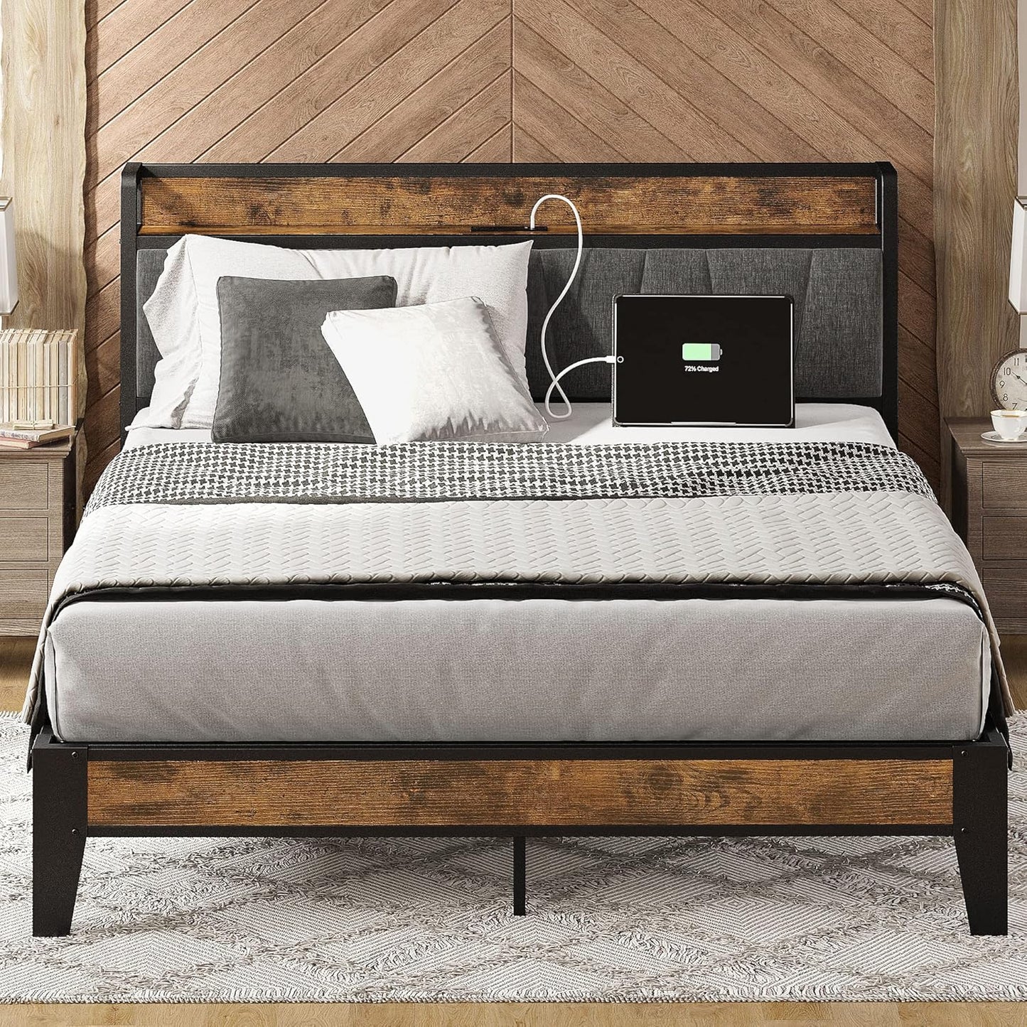 LIKIMIO California King Bed Frames, Storage Headboard with Charging Station, Solid and Stable, Noise Free, No Box Spring Needed, Easy Assembly
