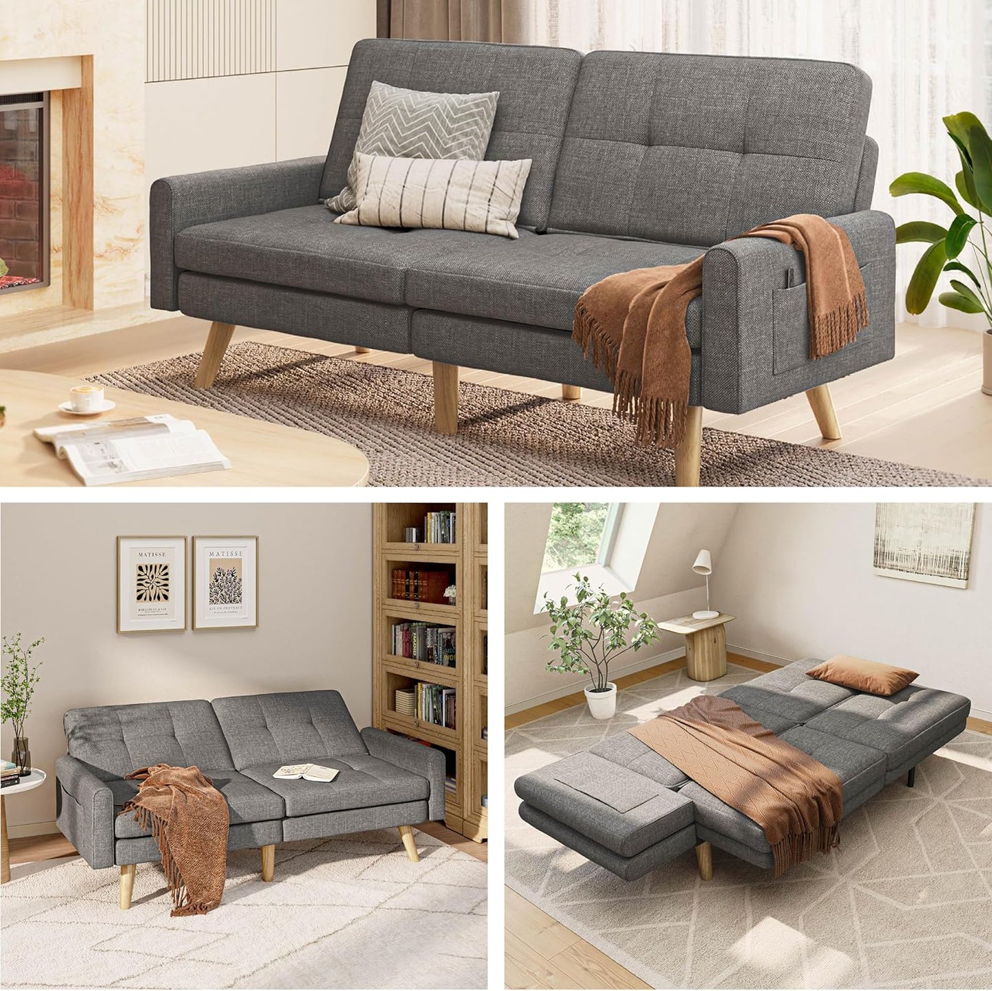 Gizoon 70.9" Sofa Bed, Futon Couch Bed with Adjustable Backrest, Modern Sleeper Sofa with Removable Armrest for Extended Length, Love Seat for Living Room, Office and Small Spaces, Apartment, Grey