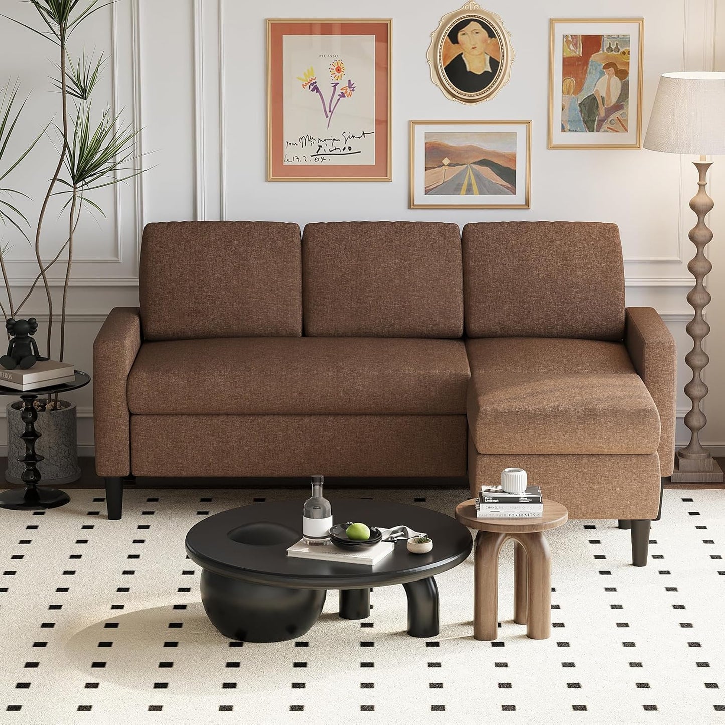 Shintenchi Small Sectional Couch Sofas, 3 Seat L Shape Sofa with Ottoman, Fabric Upholstered Convertible Sofa Couches, Small Couch for Apartments, Living Room and Office (Black)