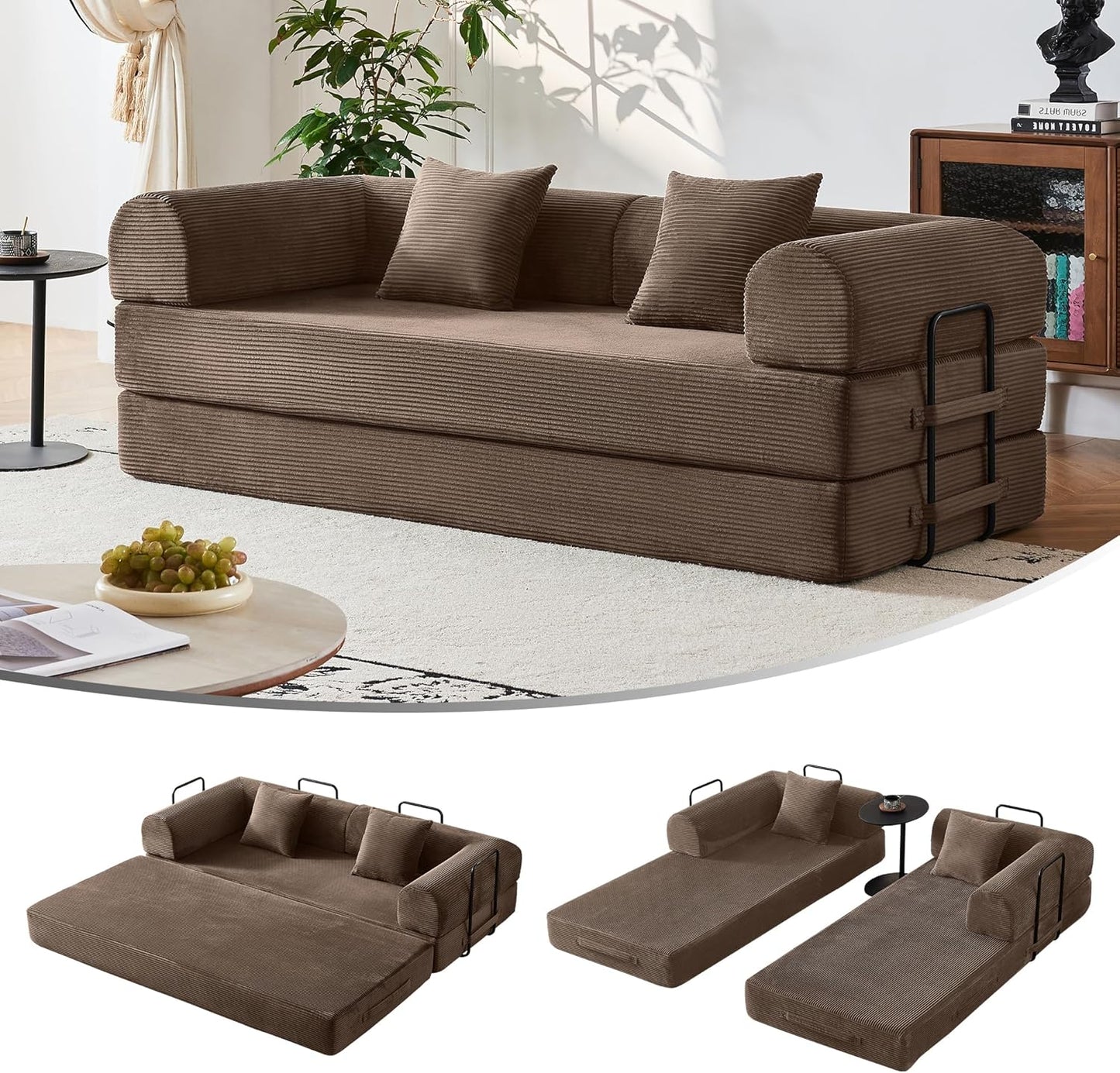 79" Modular Sofa Bed, Convertible Sleeper Sofa Bed, Couch Bed with Fixed-Shape Frame, Corduroy Floor Sofa Lounge Couch, Couches for Living Room with 2 Pillows, No Assembly Required, Black