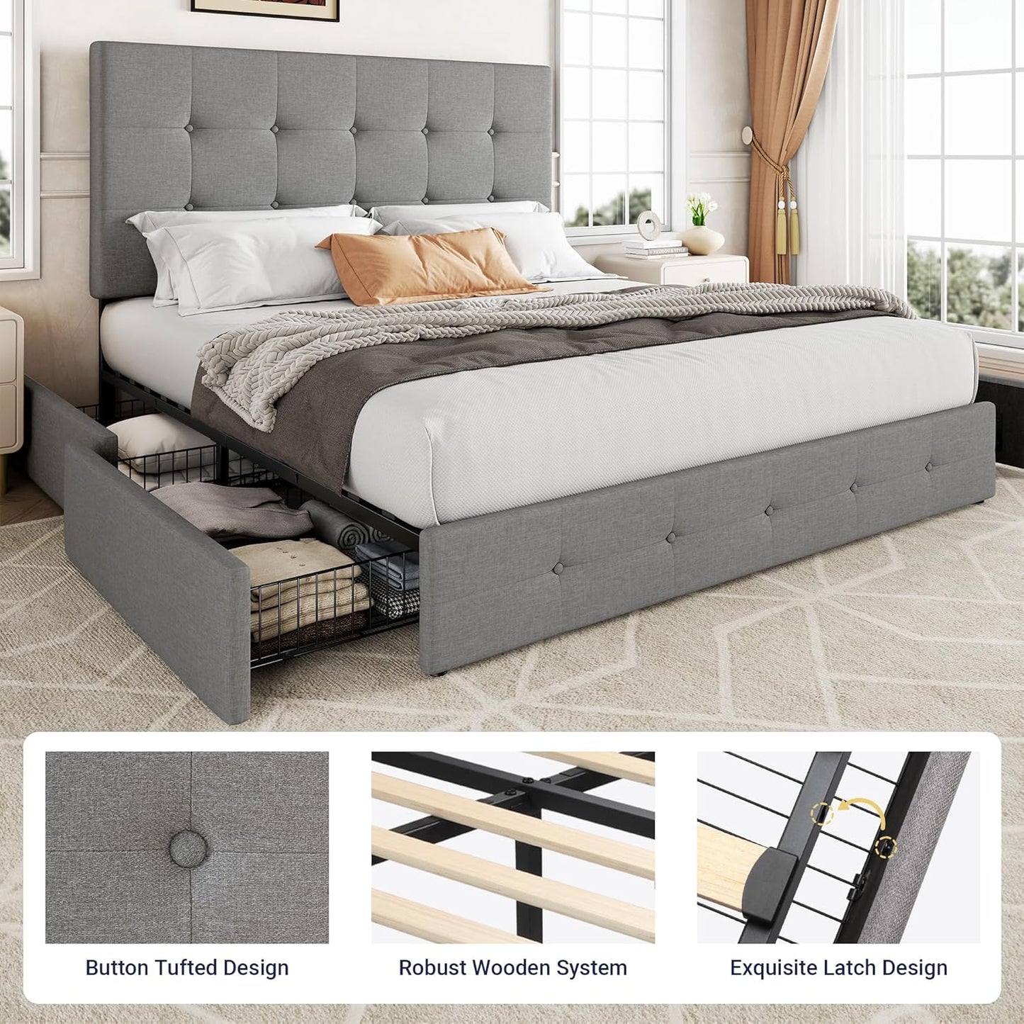 Allewie Upholstered Queen Size Platform Bed Frame with 4 Storage Drawers and Headboard, Square Stitched Button Tufted, Mattress Foundation with Wooden Slats Support, No Box Spring Needed, Light Grey