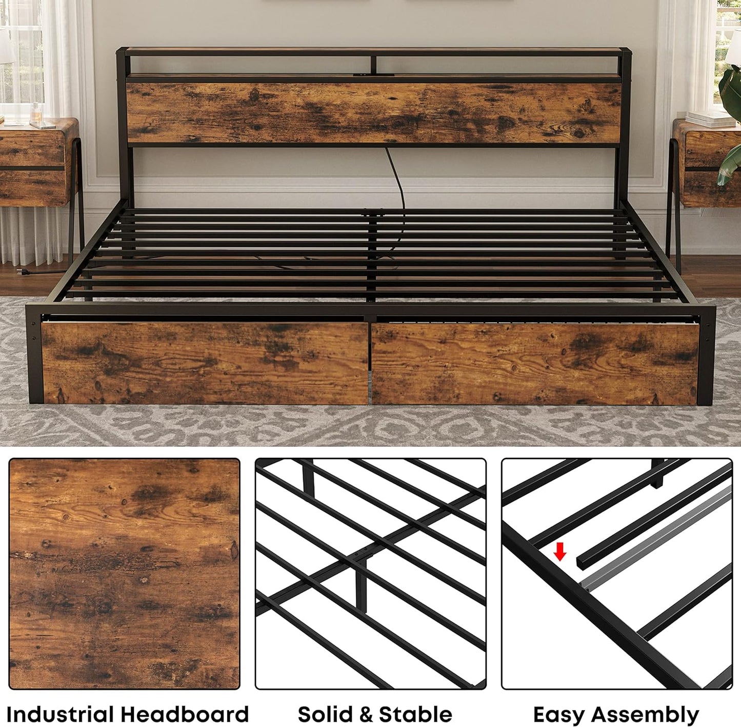 LIKIMIO King Bed Frame with Storage Headboard, Platform Bed with Drawers and Charging Station, No Box Spring Needed, Easy Assembly, Vintage Brown