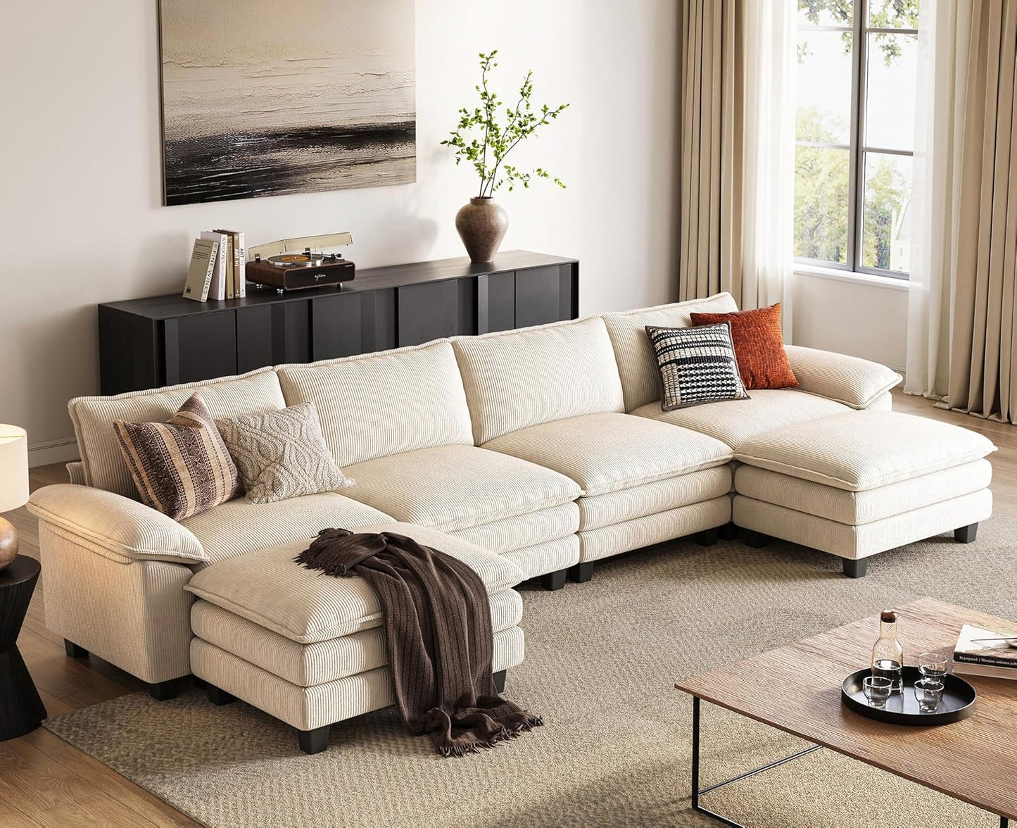 LINSY HOME Modular Sectional Sofa - 123'' Oversized Corduroy Cloud Couch L Shaped Couch with Movable Ottoman Soft Modern Comfy Sofa for Living Room Apartment Office, Green