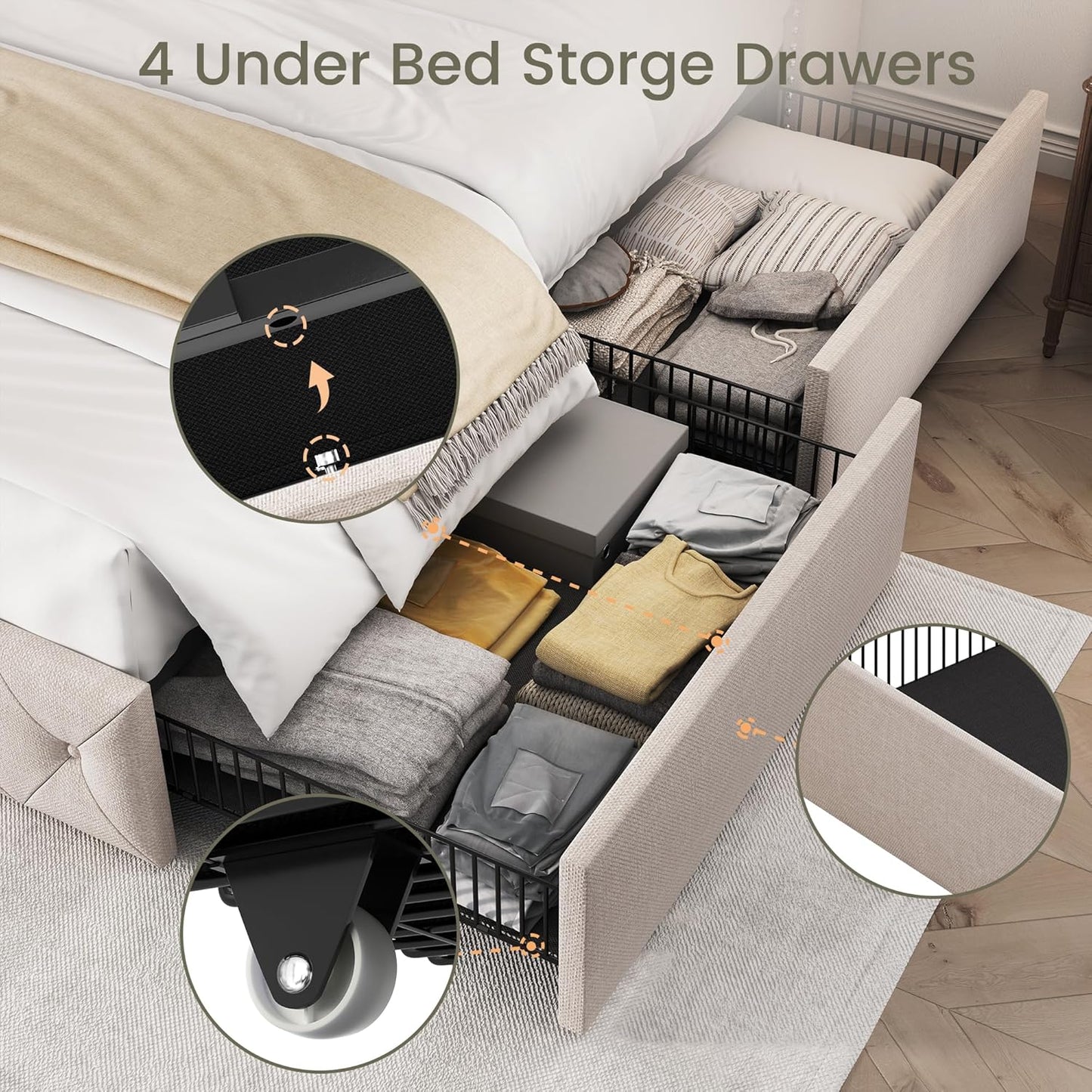 Queen Size Bed Frame with 4 Storage Drawers and Tufted Headboard Linen Upholstered Platform Bed Frame Wingback Beds with Wooden Slats Support, Easy Assembly, Beige
