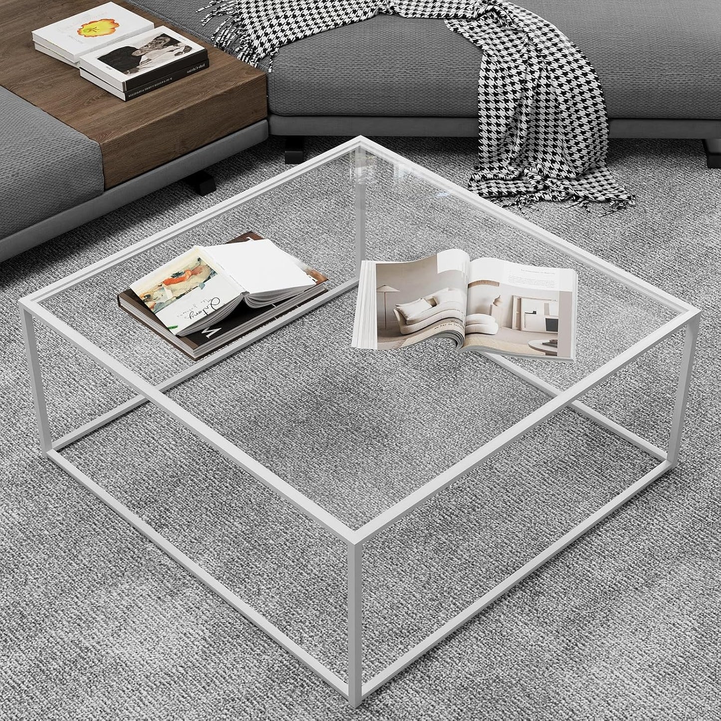 Glass Coffee Tables for Living Room Square Modern Center Table for Small Space,Tempered Glass-top with Sturdy Metal Frame Sofa Side End Table, Easy Assembly,26.4 x 26.4 x 15.7 Inches, Gray Black