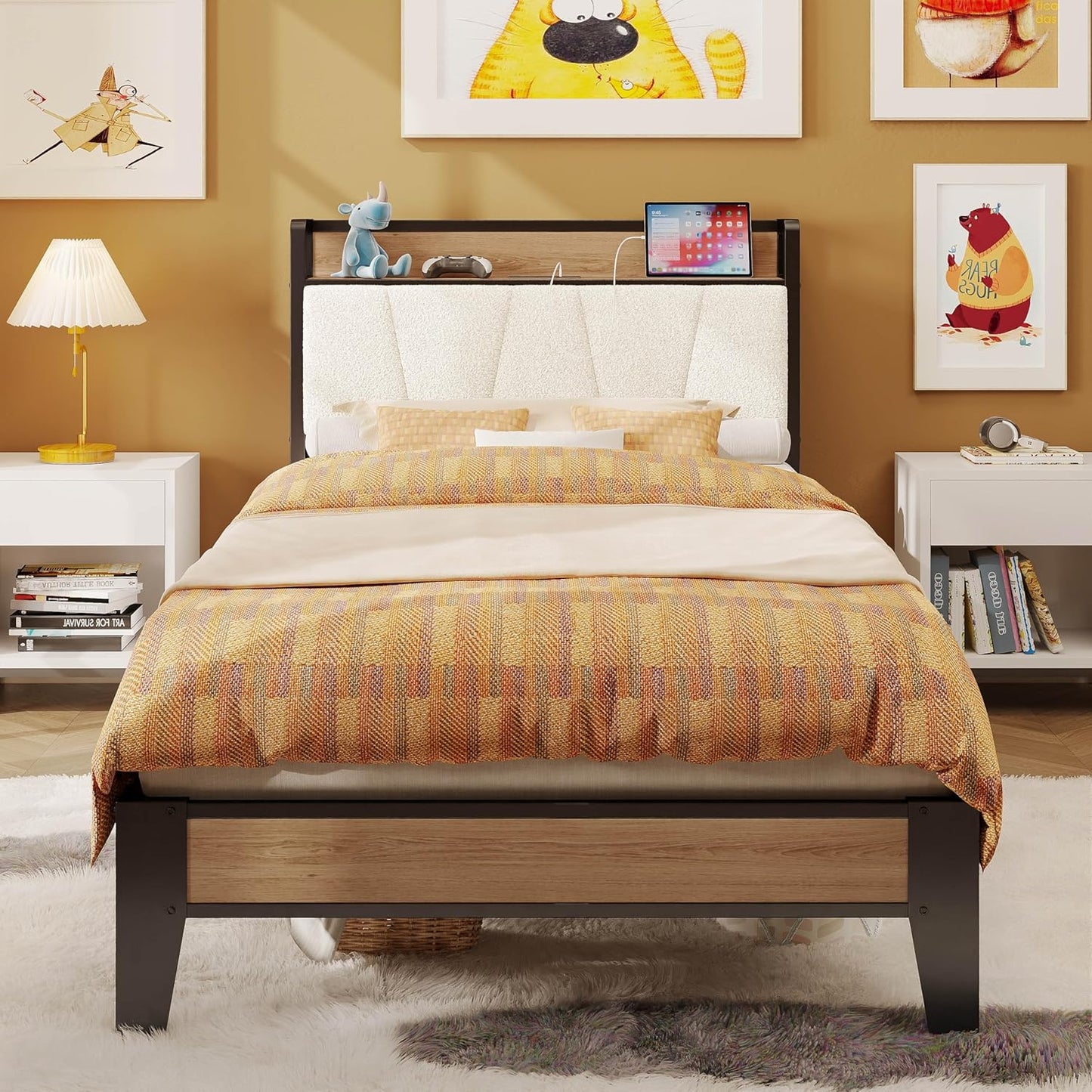 LIKIMIO California King Bed Frames, Storage Headboard with Charging Station, Solid and Stable, Noise Free, No Box Spring Needed, Easy Assembly