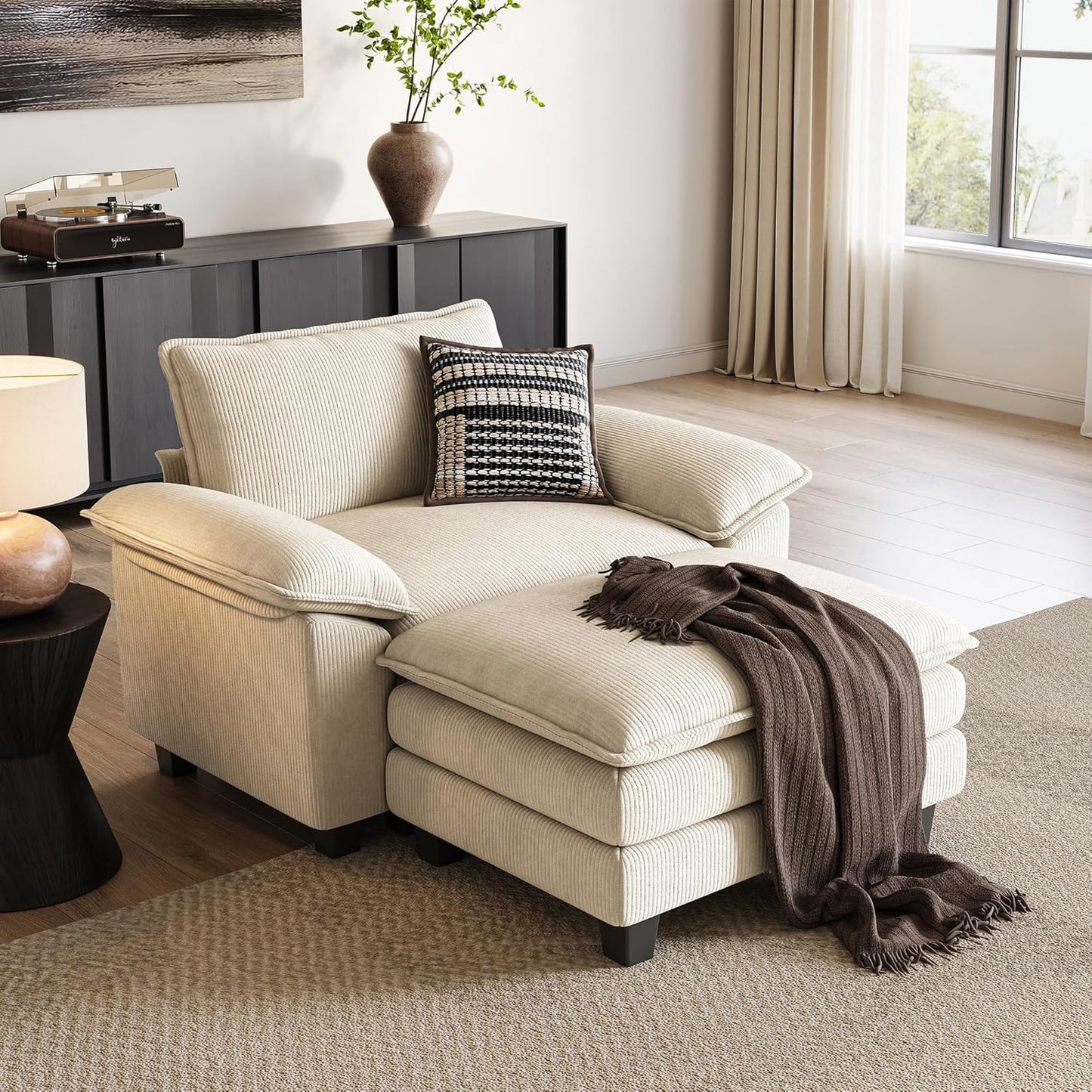 LINSY HOME Modular Sectional Sofa - 123'' Oversized Corduroy Cloud Couch L Shaped Couch with Movable Ottoman Soft Modern Comfy Sofa for Living Room Apartment Office, Green