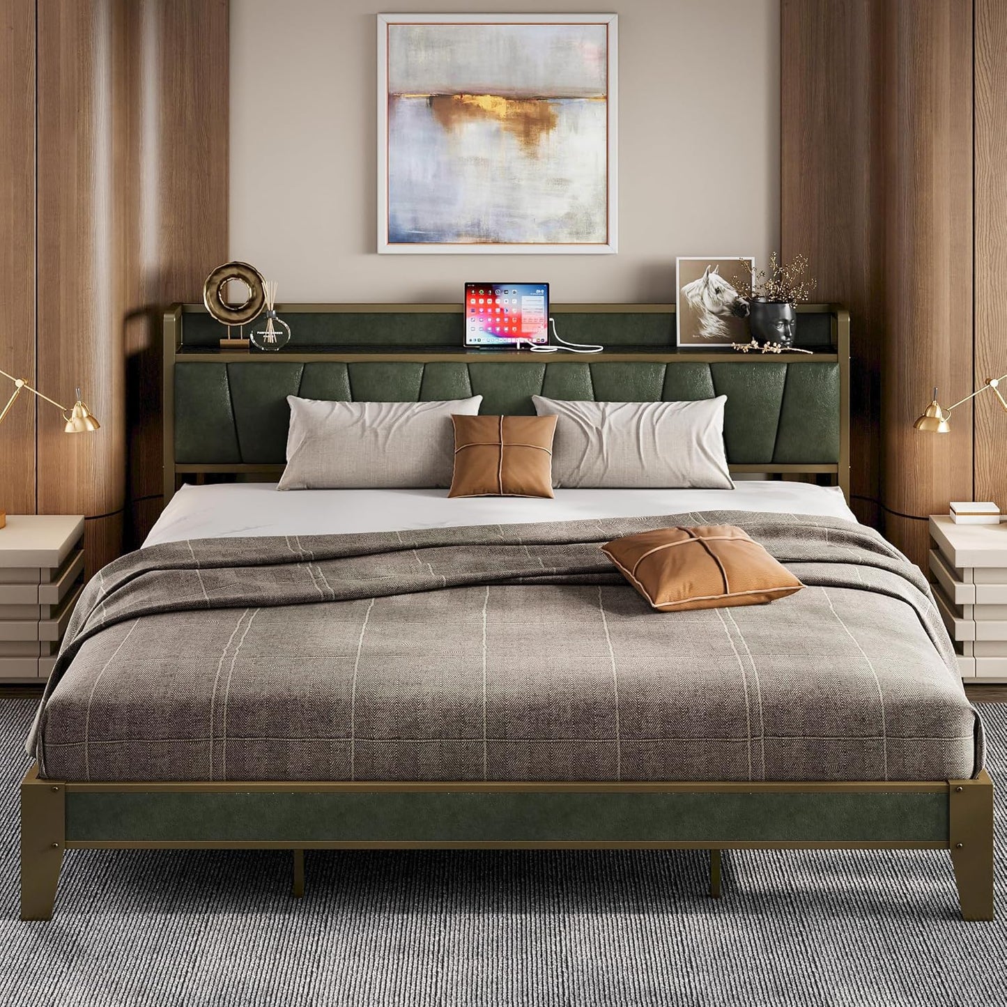 LIKIMIO California King Bed Frames, Storage Headboard with Charging Station, Solid and Stable, Noise Free, No Box Spring Needed, Easy Assembly