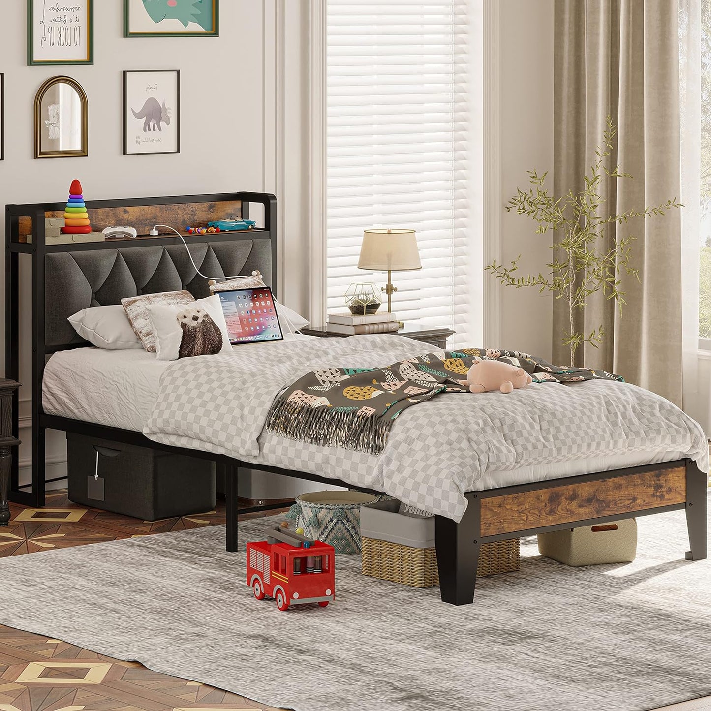ANCTOR Twin Bed Frames, Storage Headboard with Outlets, Easy to Install, Sturdy and Stable, No Noise, No Box Springs Needed - Perfect for a Good Night's Sleep
