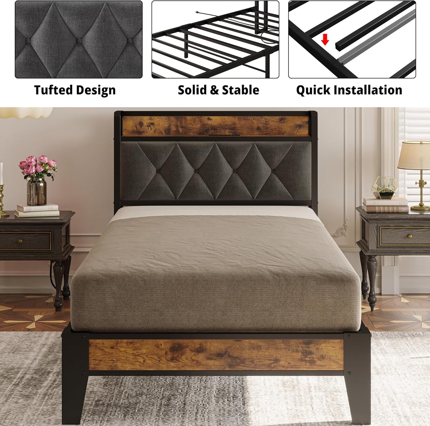ANCTOR Twin Bed Frames, Storage Headboard with Outlets, Easy to Install, Sturdy and Stable, No Noise, No Box Springs Needed - Perfect for a Good Night's Sleep