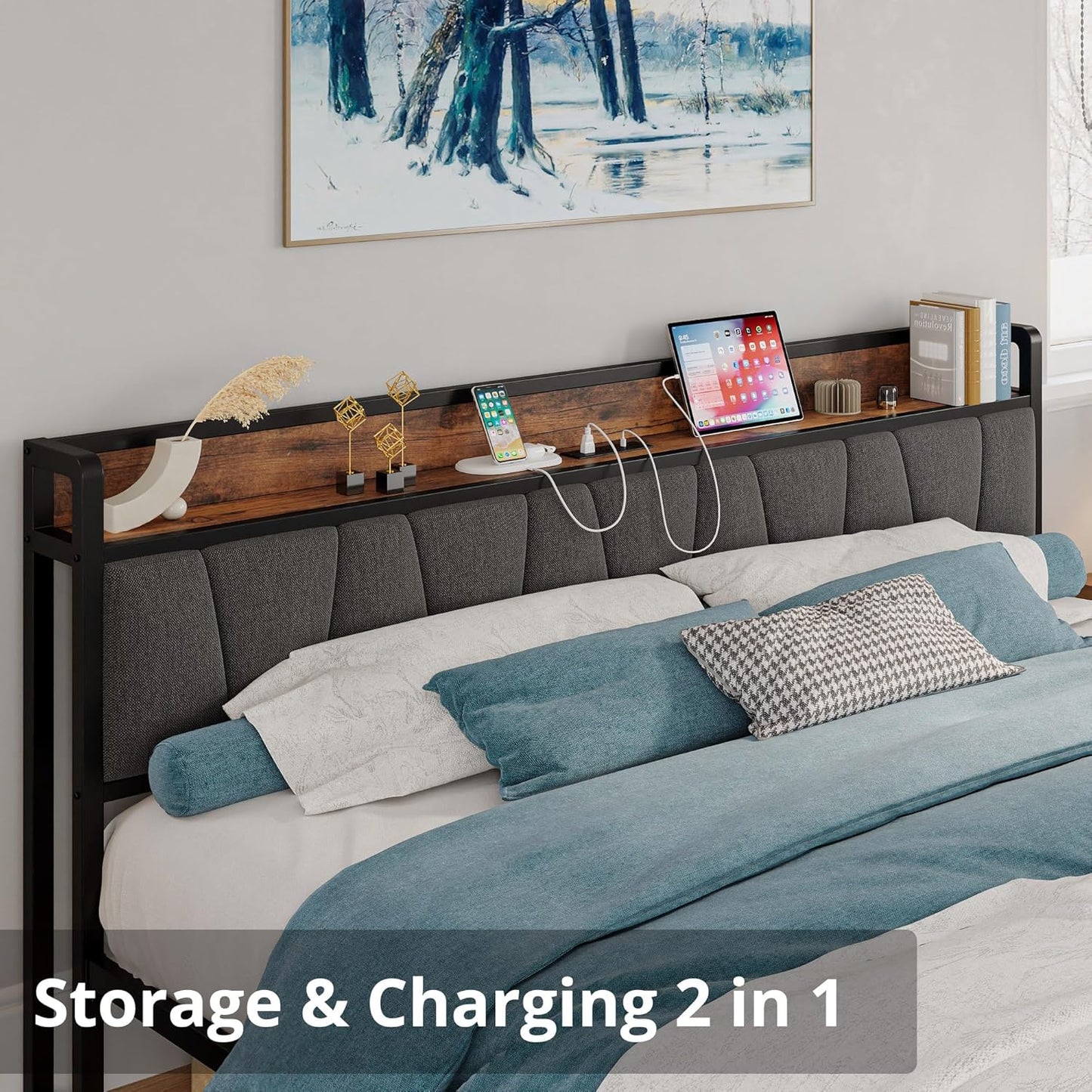 LIKIMIO California King Bed Frames, Storage Headboard with Charging Station, Solid and Stable, Noise Free, No Box Spring Needed, Easy Assembly
