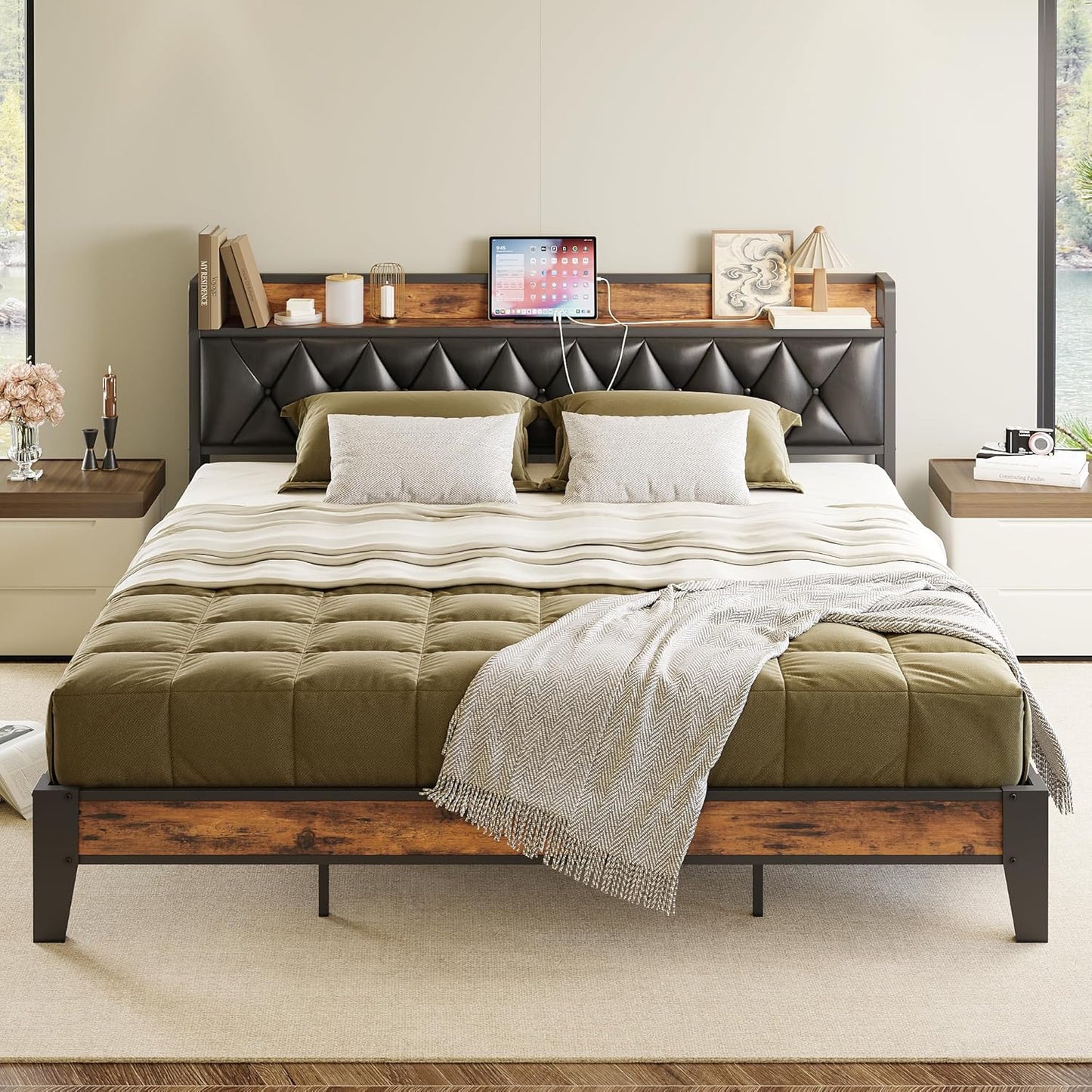 ANCTOR Twin Bed Frames, Storage Headboard with Outlets, Easy to Install, Sturdy and Stable, No Noise, No Box Springs Needed - Perfect for a Good Night's Sleep